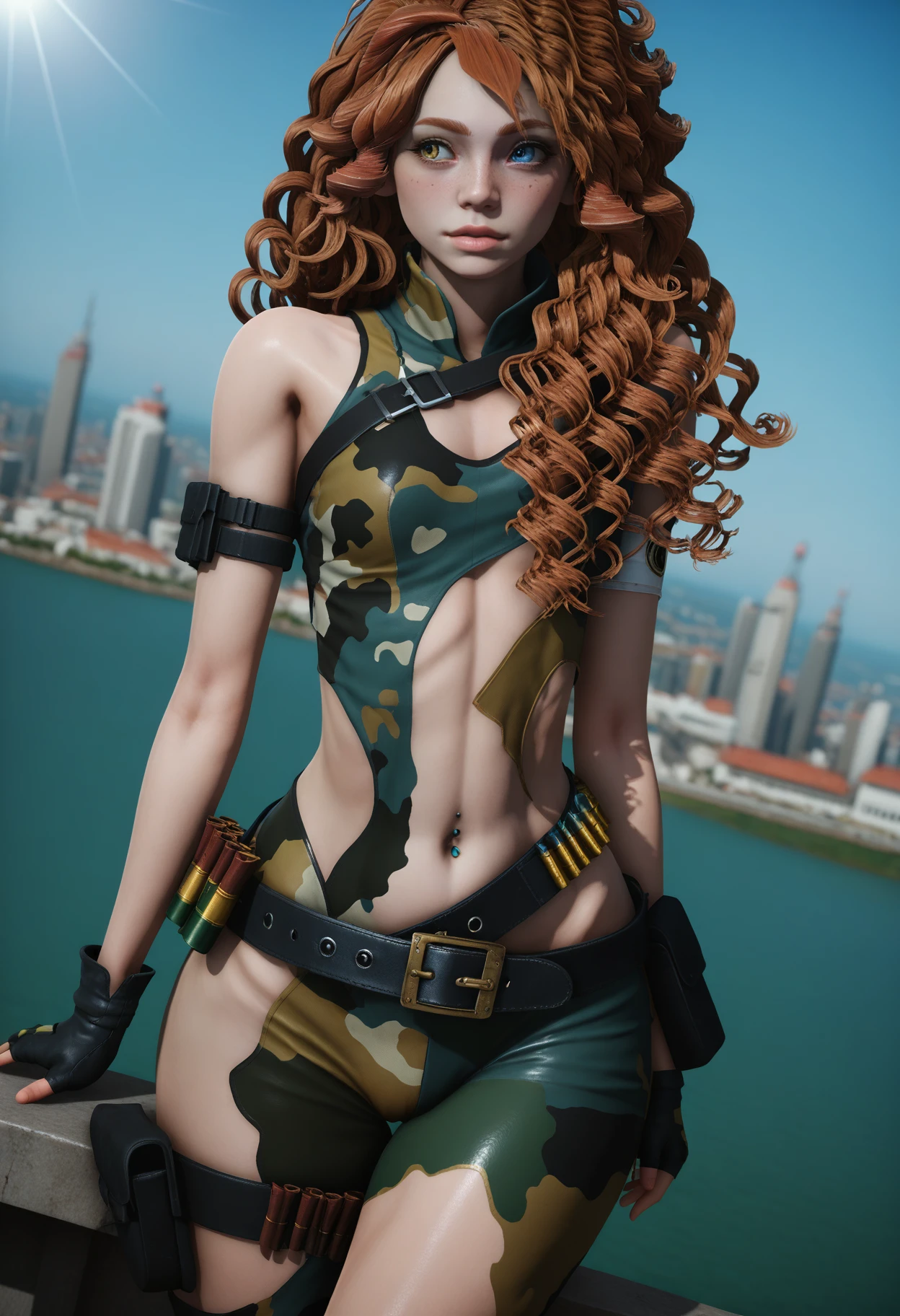 score_9, score_8_up, score_7_up,
1girl, solo, asymmetrical bodysuit:camo clothing:side cutout:navel piercing, shoulder holster, armband, multiple belts, fingerless gloves, ammunition belt, combat boots. curly hair, heterochromia.
outdoors, day, sunlight, cityscape, looking to the side, wide shot, dutch angle, depth of field,
<lora:Dark_Nova_Pony_v1.0:1.0> d4rkn0v4,