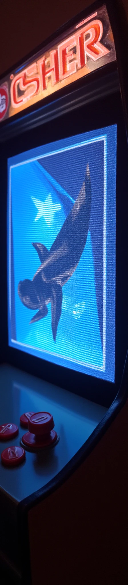 enormous laser shark for the sega saturn. lo fi 3d early arcade cabinet attract screen.