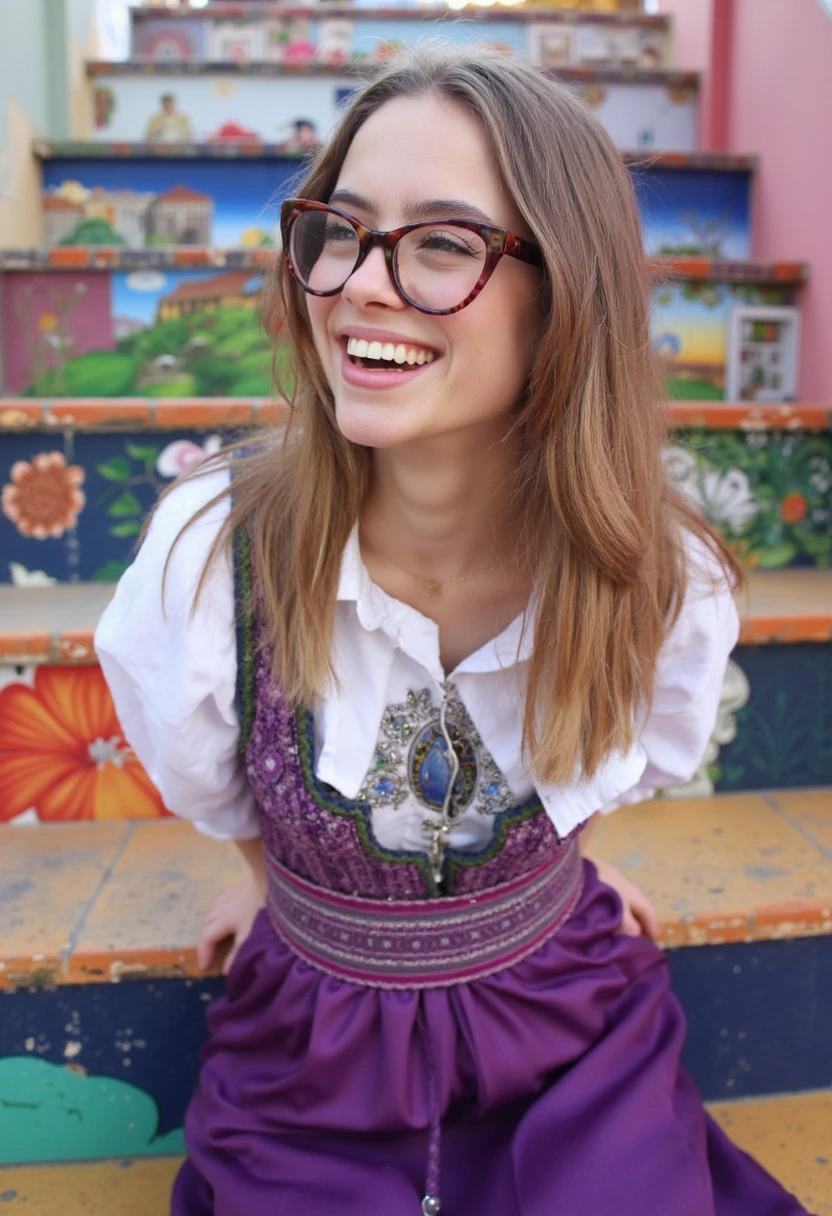 A professional glamour photo of 19yo girl maggiethurmon posing on the colorful stairs of Rio de Janeiro dressing a Purple traditional Norwegian Bunad dress.. she is laughting at the viewer while hoher heart shaped shaded glasses. She has blue eyes and light brown long hair.