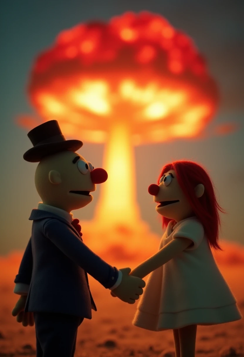 A puppet man and a puppet woman holding hands with a nuclear explosion mushroom cloud in the background in donthugmestyle.   