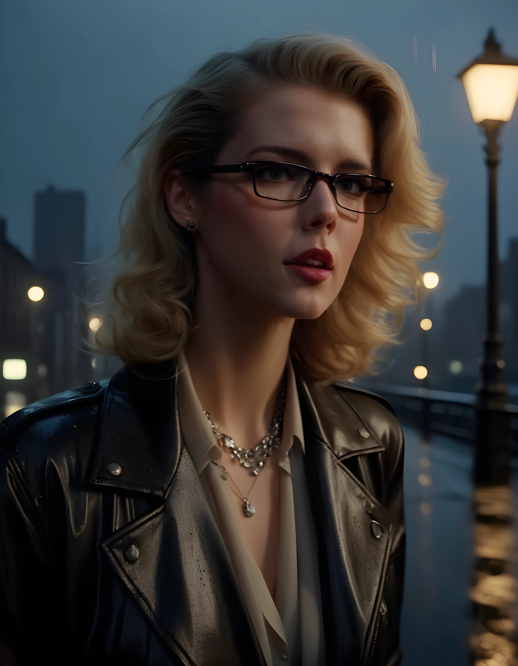 In a gritty, neo-noir setting reminiscent of a rain-soaked 1940s cityscape, the camera is angled from below, capturing Em1lybr - a striking woman with tousled blonde hair and smoky eyeshadow - in a dramatic close-up. She wears a vintage-inspired outfit: a sleek leather jacket with silver studs adorning the collar, a sheer, lace top that reveals a delicate necklace, and high-waisted trousers. Her hands are tucked into the pockets of her jacket, and she leans forward slightly, her parted lips hinting at a secret she's about to share. The rain drips from her glasses as they rest precariously on the bridge of her nose, casting an ethereal glow on her face. A single streetlight flickers in the background, illuminating the scene with a dim, moody light that underscores the emotional tension in the image.