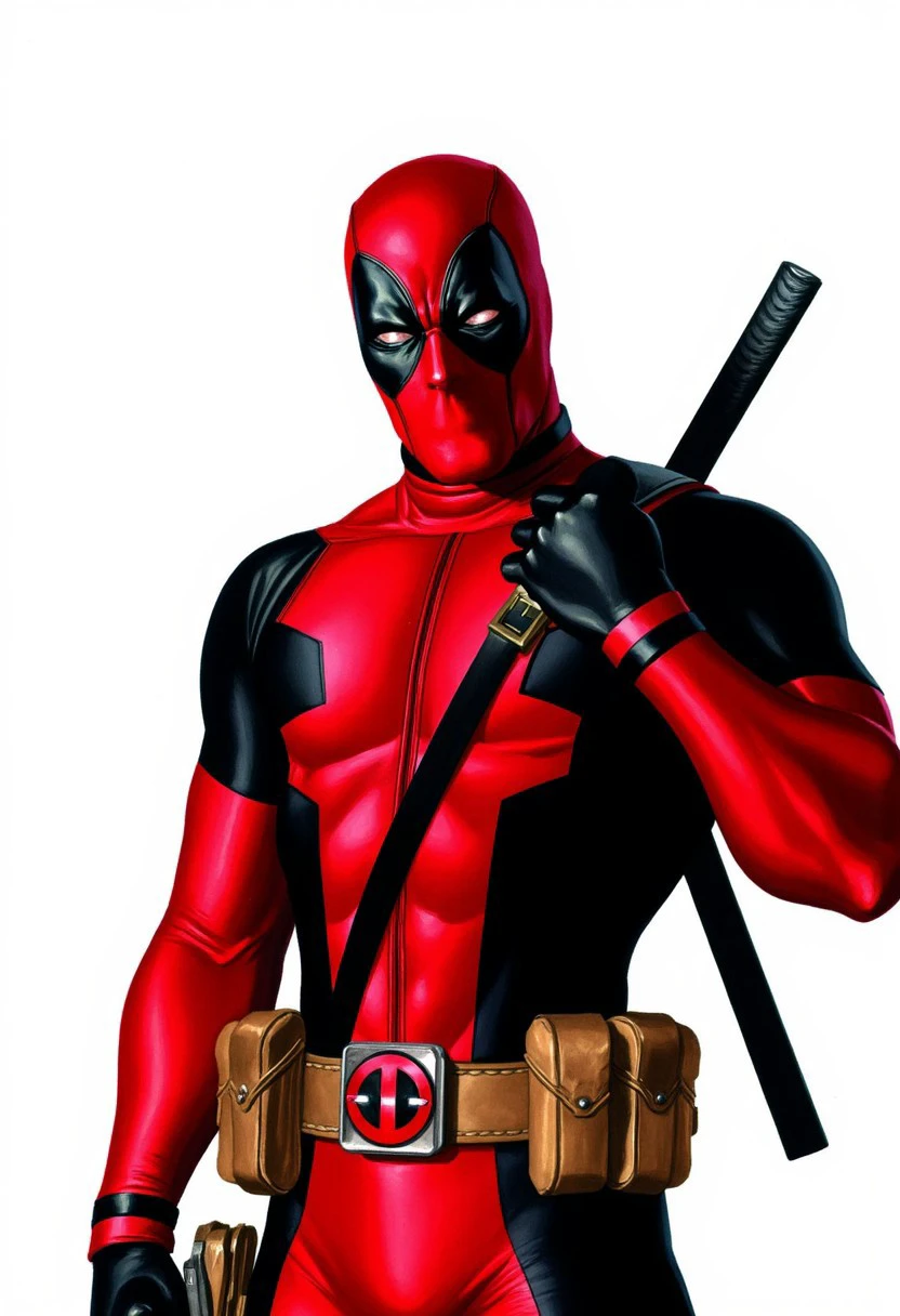 AlexRossstyle, comic book art, Deadpool, looking at camera, raising eye brow