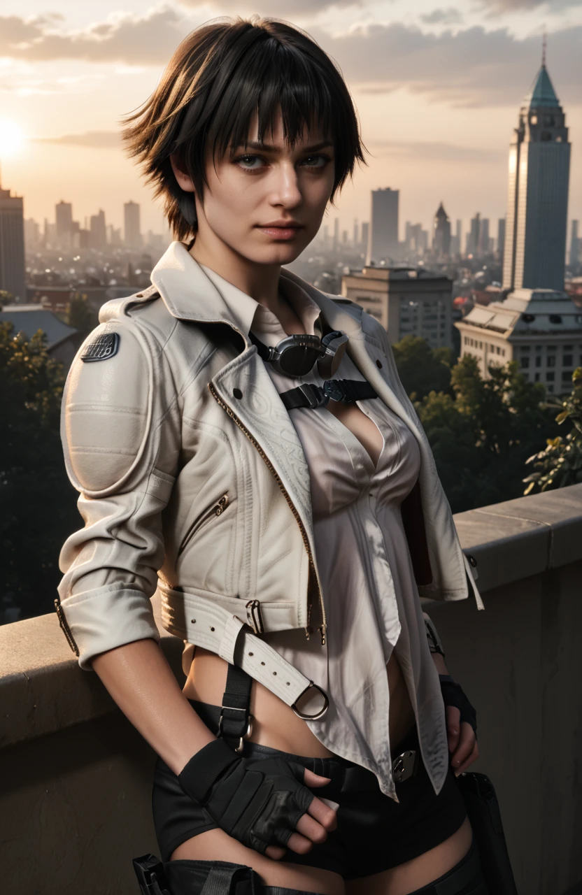 detailed realistic photo, score_9, score_8_up, score_7_up, score_6_up, score_5_up, score_4_up, <lora:LadyDMC5Screens_t3-000013-128:1.0> 1girl, DMCLady, short hair, black hair, heterochromia, dynamic angle, white jacket, belt pouch, chaps, black shorts, hands on hips, goggles around neck, shirt, cleavage, large breasts, fingerless gloves
, city park, darkness, moody lighting, backlit, rim lighting, sunrise, balcony, vista, great view