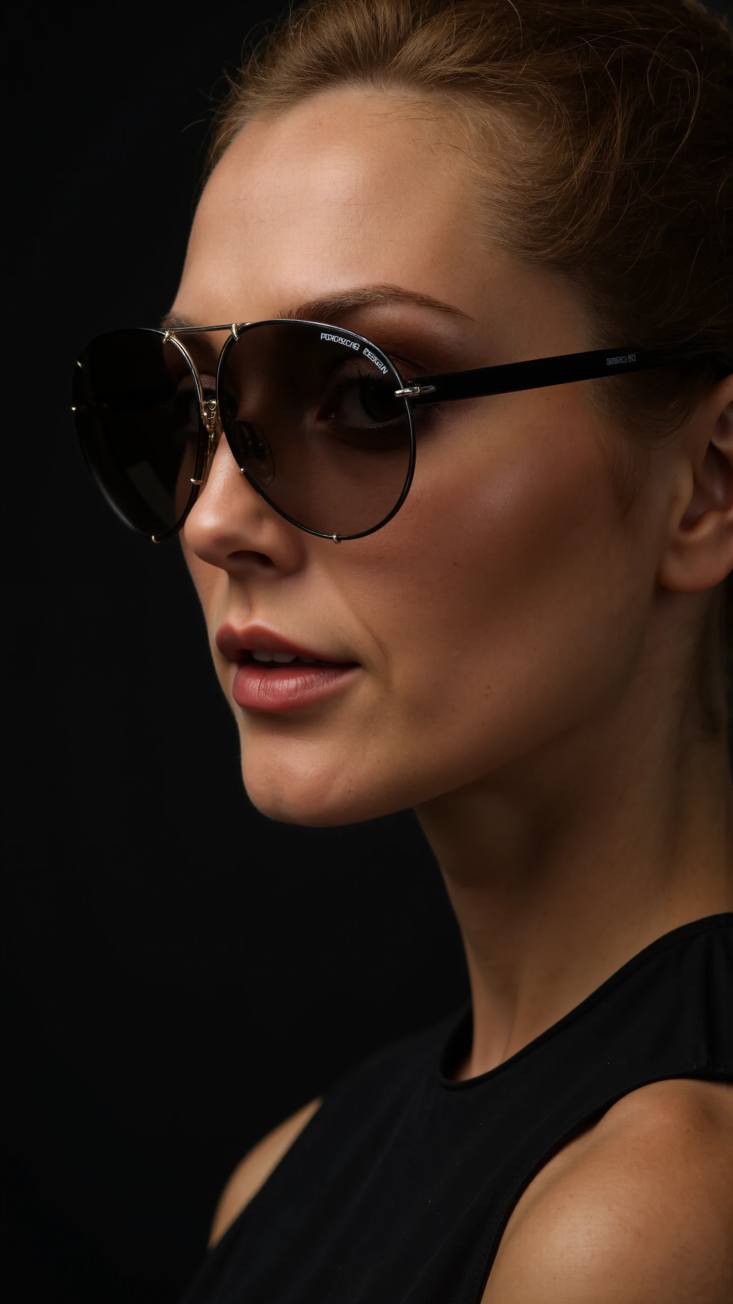 portrait Photo of a 21 year old supermodel,translucent lingeree, close up, head, wearing a Carrera 5623 PD,sunglass,letter on the glass reads PORSCHE DESIGN, in a dark photostudio