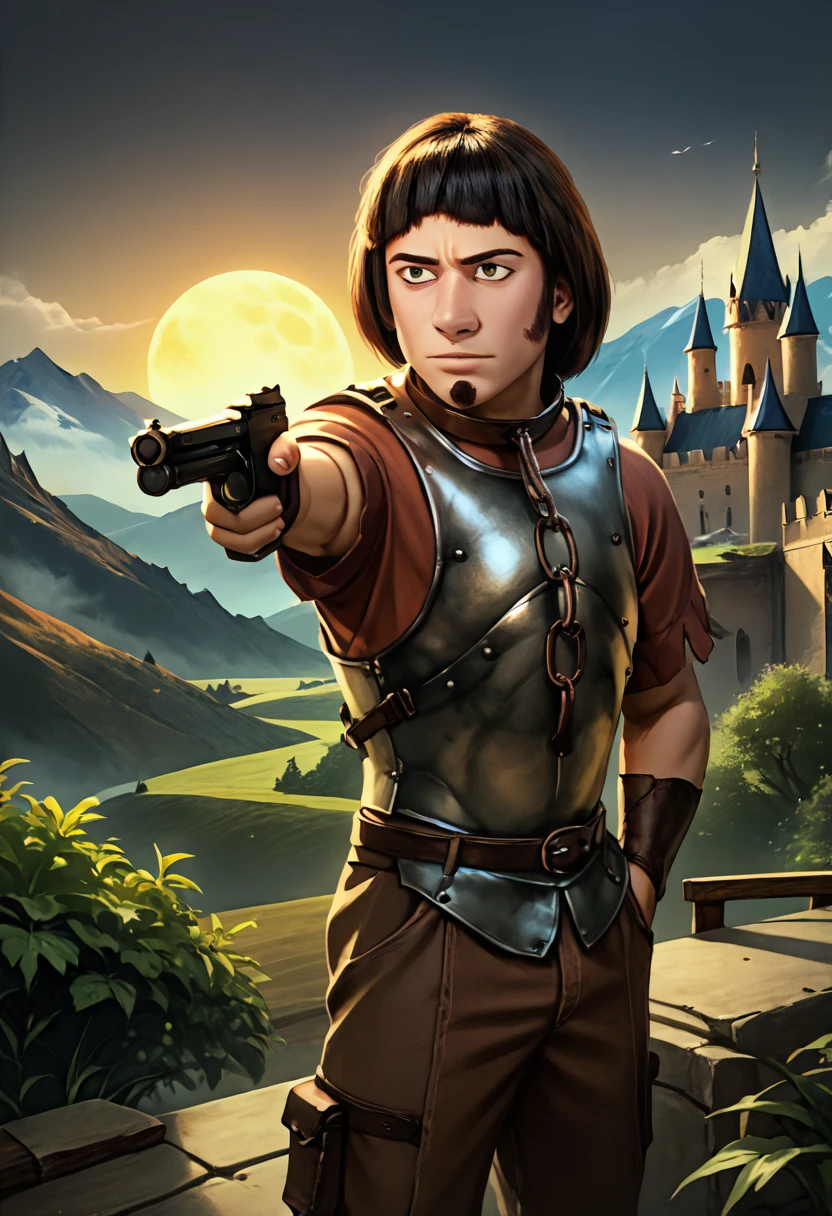 score_9, score_8_up, realistic, detailed, 1boy, solo, HuiBuh, bob cut, blunt bangs, dark brown hair, goatee, metal collar, armor, chain, breastplate, aiming, weapon, holding weapon, holding gun, handgun, hand in pocket, outdoors, mountain, moon, castle, backlighting <lora:YusufDikecGunPose_pdxl_Incrs_v1> <lora:hui_buh-v1.3.35>