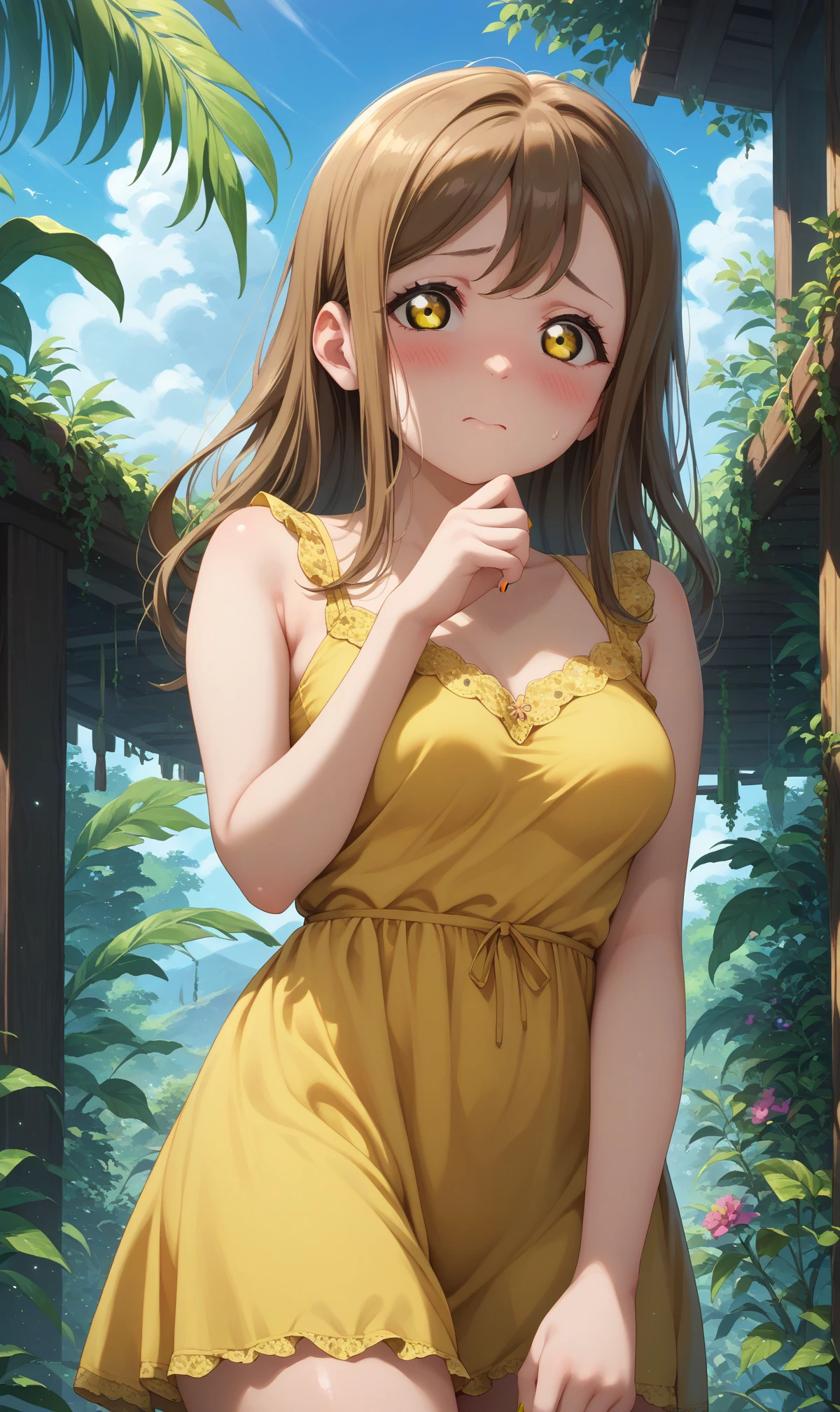 score_9, score_8_up, score_7_up, solo, 1girl, zuramaru, long hair, looking at viewer, medium breasts, 
yellow dress, embarrassed, blush
(thighs:1.3), cowboy shot, outdoors, greenery, nail polish, sky
<lora:zuramaru-04:1>