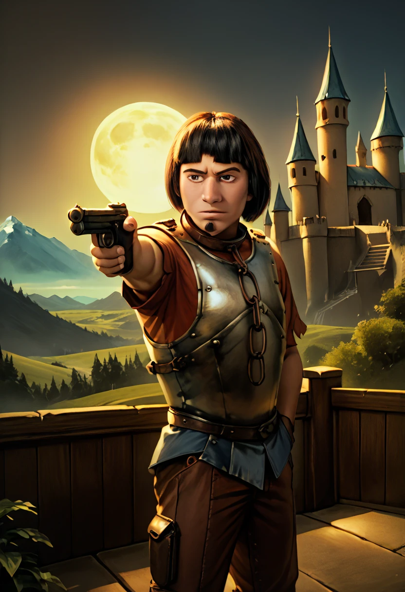 score_9, score_8_up, realistic, detailed, 1boy, solo, HuiBuh, bob cut, blunt bangs, dark brown hair, goatee, metal collar, armor, chain, breastplate, aiming, weapon, holding weapon, holding gun, handgun, hand in pocket, outdoors, mountain, moon, castle, backlighting <lora:YusufDikecGunPose_pdxl_Incrs_v1> <lora:hui_buh-v1.2.35-lite>​​​