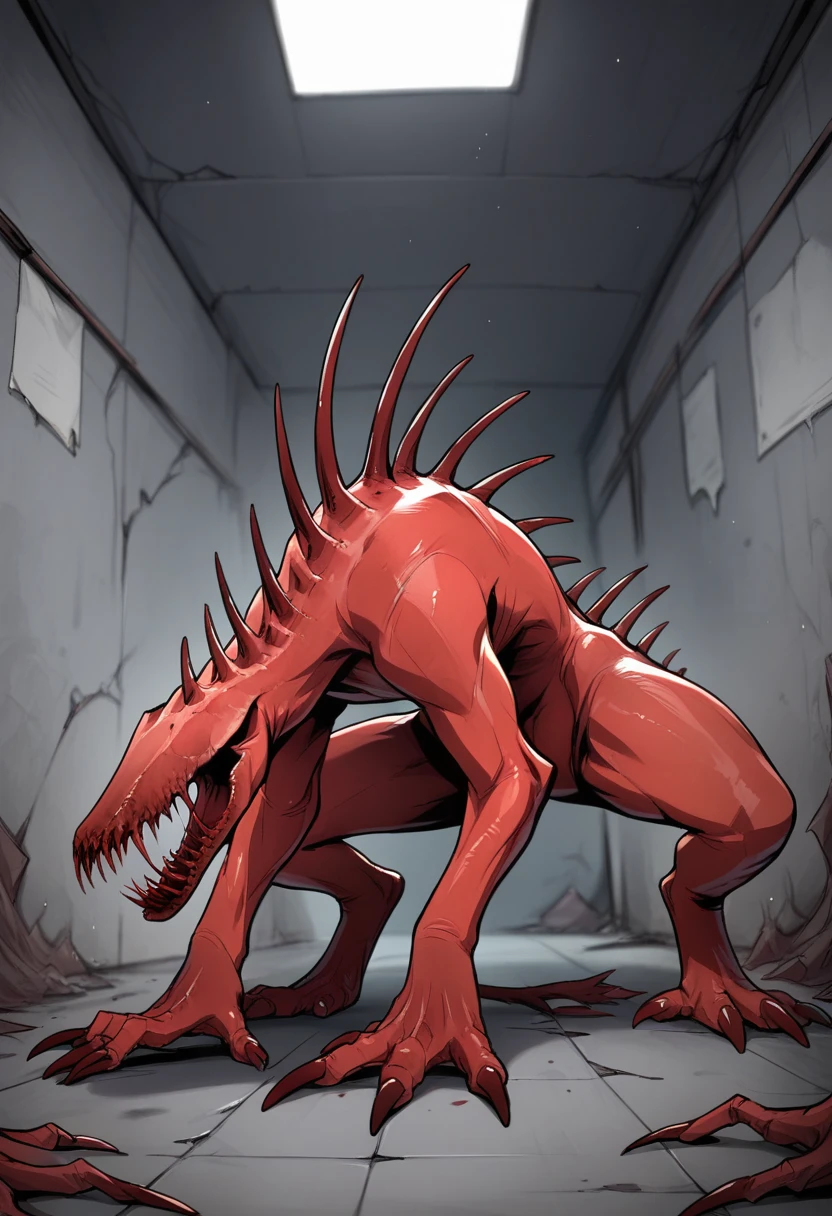 masterpiece, best quality, uncensored, source_anime BREAK score_9, score_8_up, score_7_up, score_6_up, score_5_up, score_4_up, 1girl, solo, scp-939, monster, no humans, feral, red skin, sharp teeth, claws, spikes, no eyes, veins, tail, Expressiveh, indoors, dark, destroyed lab, abandoned lab <lora:Expressive_H:0.6> <lora:add-detail-xl:0.5> <lora:SCP-939:0.8>