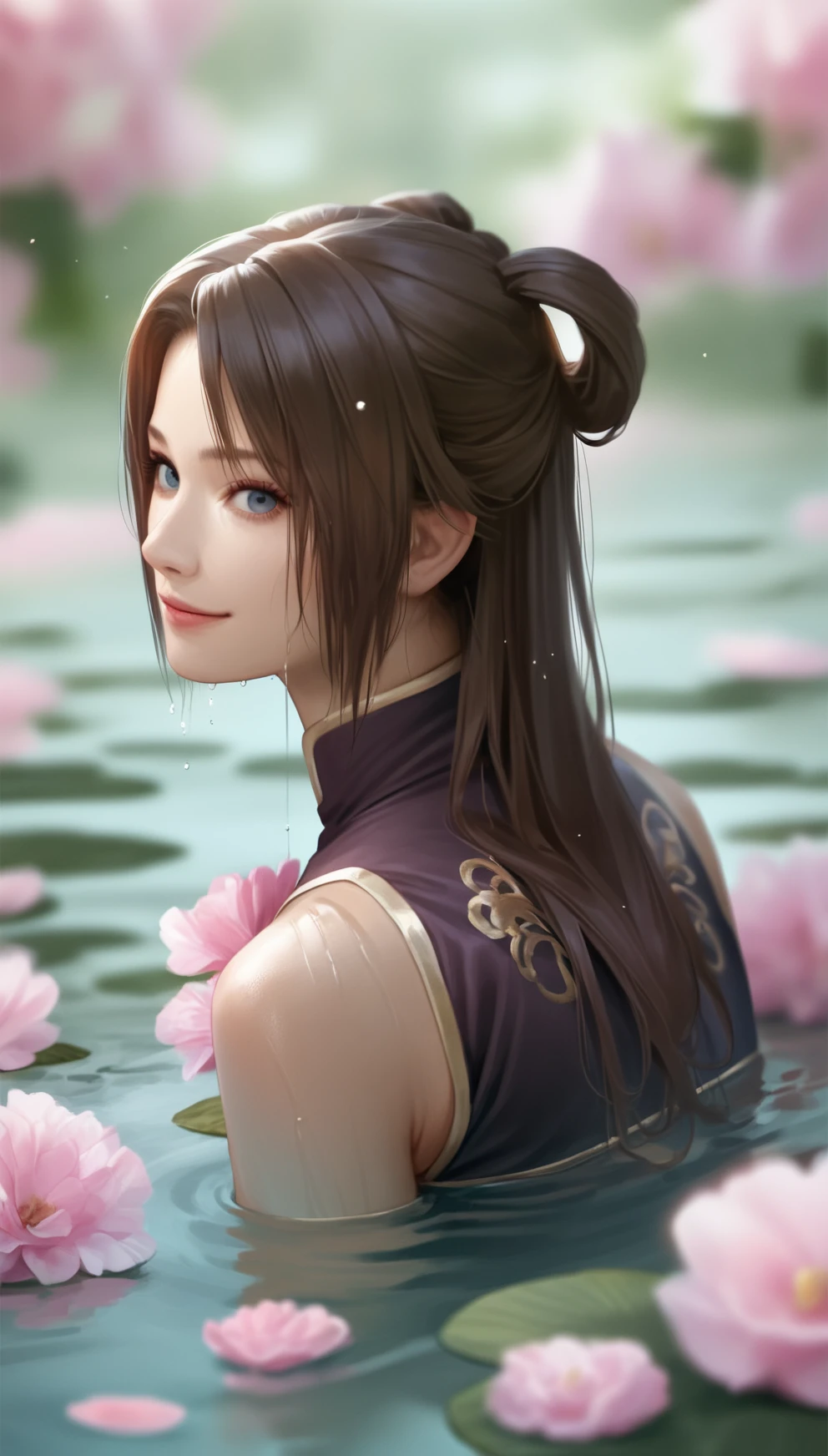 score_9,score_8_up,score_7_up,
<lora:diaochan:0.9>,
diaochan,
highres,photorealism,Cinematic Lighting,bloom,
1girl,solo,brown hair,long hair,bangs,
blue eyes,looking at viewer,smile,parted lips,
purple cheongsam,
portrait,back view,on stomach,
wet,in water,
blurry background,outdoors,flowers in background,(clear water:1.1),light particles,