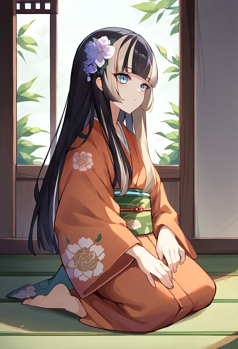 score_9, score_8_up, source_anime, 1girl, solo, JuufuuteiRaden, black hair, multicolored hair, long hair, hime cut, indoors, kimono, hair flower, floral print, wariza, kneeling, <lora:ChamJuufuuteiRadenPonyXL:1>