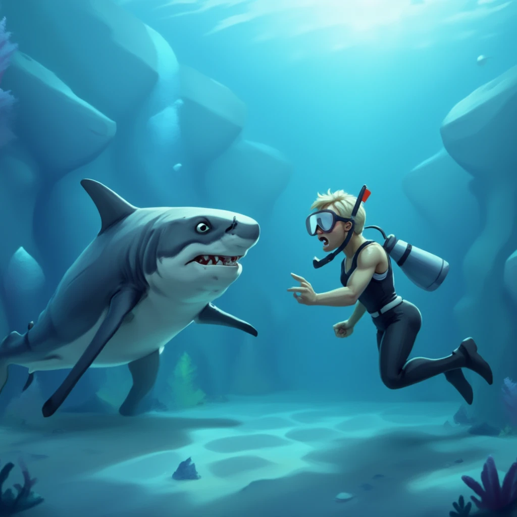 FluxCartoonDigitalStyle underwater of a shark with open mouth chasing a facing frightened woman wearing a diving outift, mask and tuba, action scene