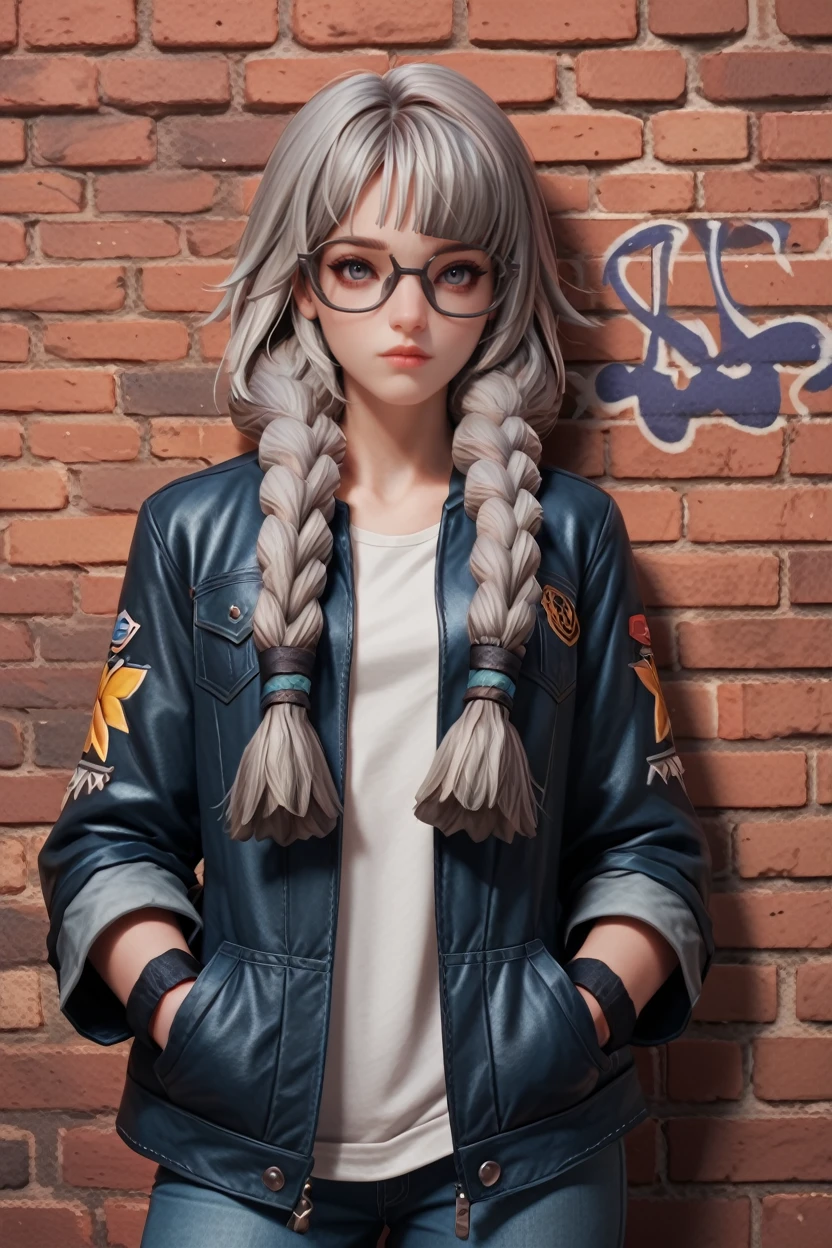 score_9, score_8_up, score_7_up, score_6_up
<lora:LAJahara:1.0>
LAJahara, 1girl, grey hair, twin braids, glasses, looking at viewer, leaning against a brick wall, hands in jacket pockets, urban alleyway with graffiti art, moody lighting with shadows, edgy and modern vibe