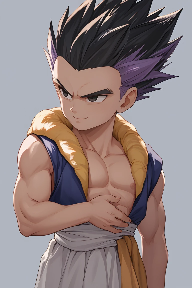 Score_9,score_8_up,score_7_up,Highly detailed, masterpiece, high quality, beautiful, high resolution, good details,1boy,solo,boy focus,gotenks, multicolored hair, black hair, purple hair, black eyes, light smile, cowboy shot<lora:EMS-463801-EMS:0.800000>