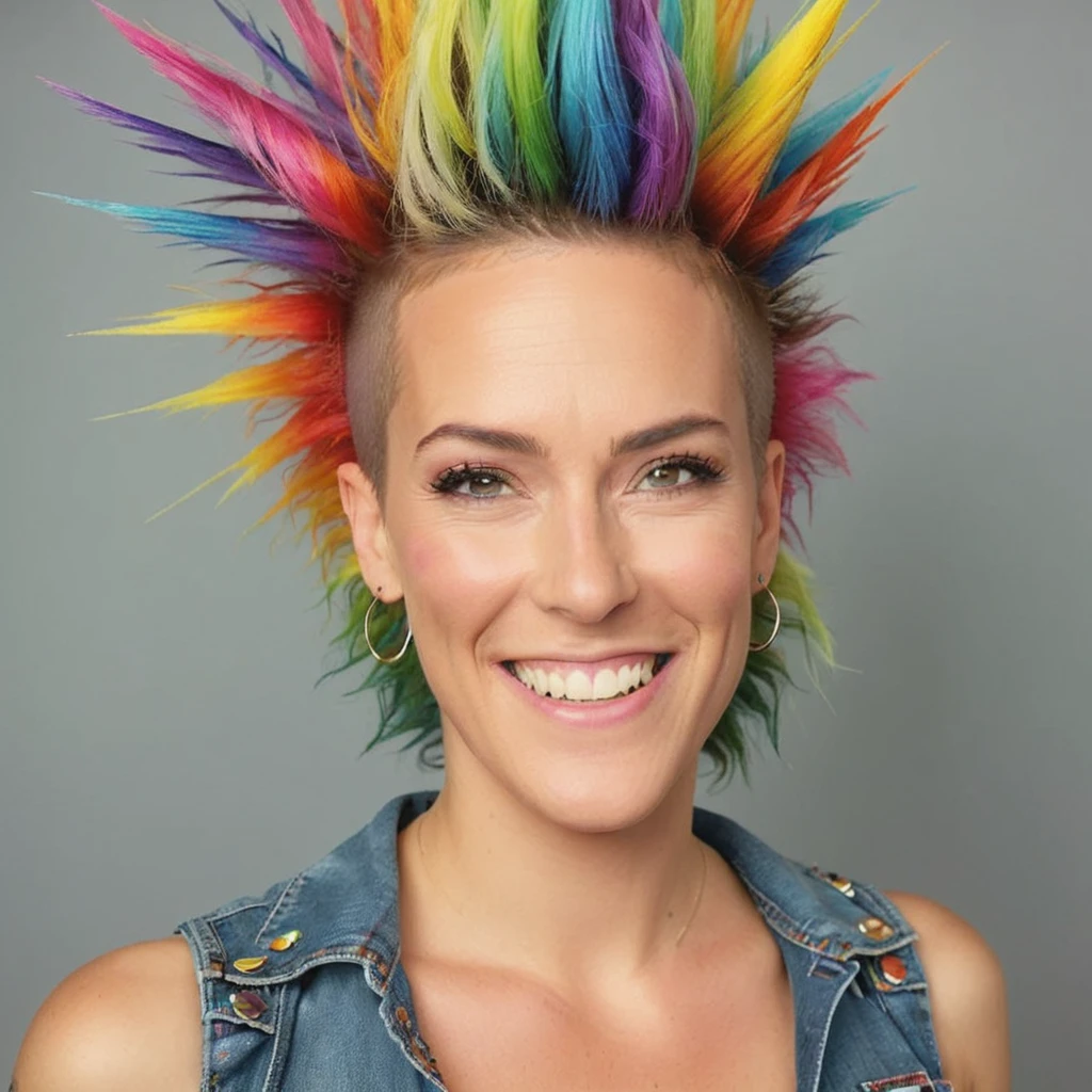 looking at viewer,
professional absurdres intricately detailed sharp focus photograph of 
(Joanna_Bartling:1.1) with a warm smile, solo,
with a rainbow mohawk,
detailxl,
 <lora:Joanna_Bartling-SDXLe14:0.8>