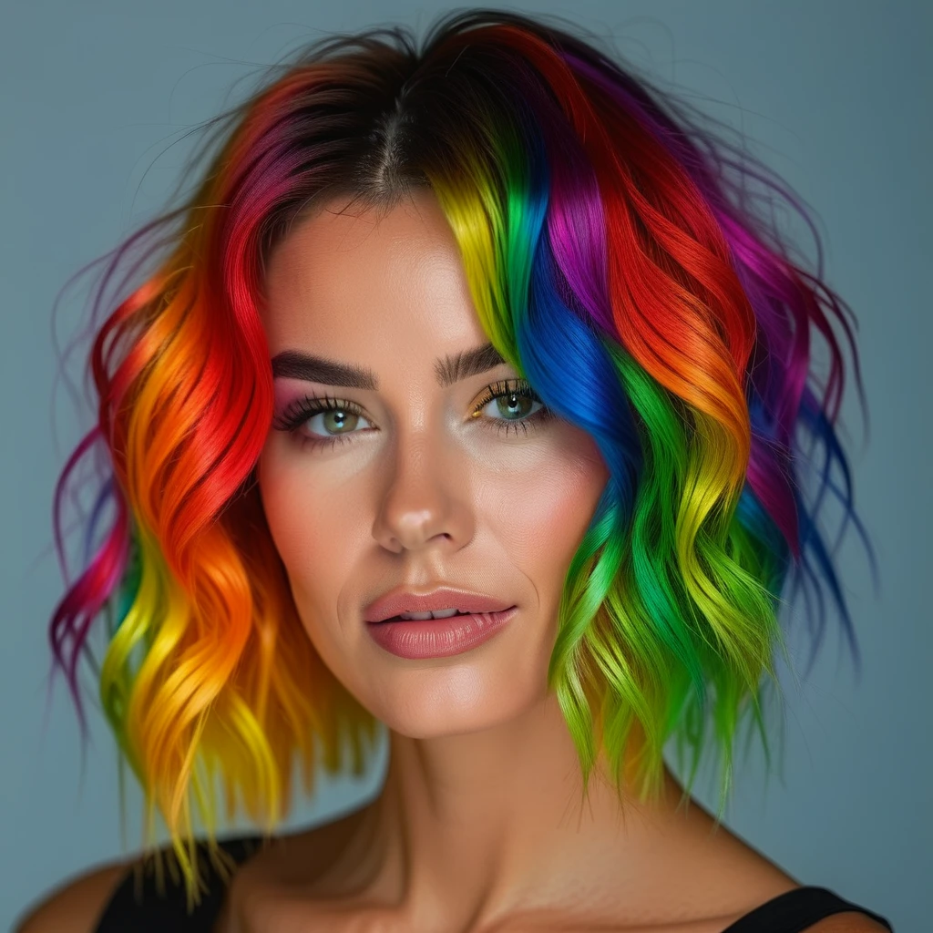 woman realstic raw 8k hair rainbow short portrait