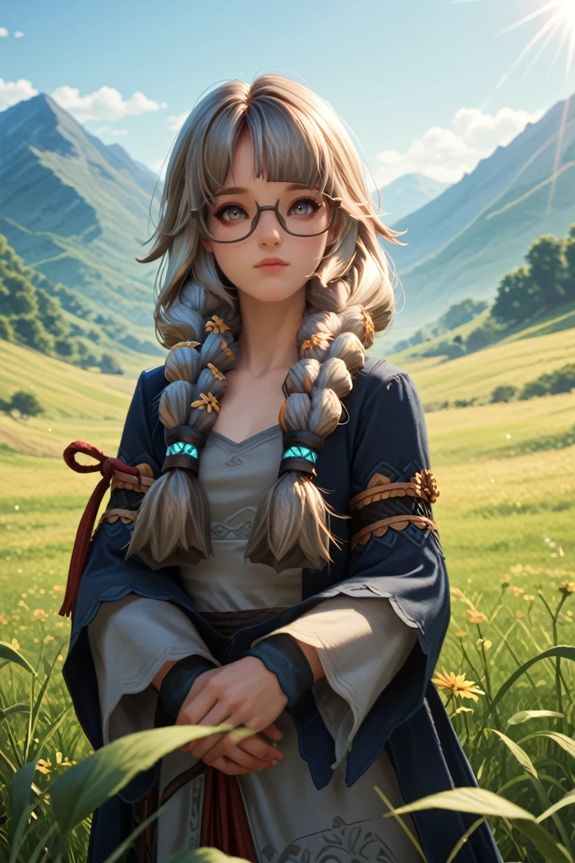 score_9, score_8_up, score_7_up, score_6_up
<lora:LAJahara:1.0>
LAJahara, 1girl, grey hair, twin braids, glasses, looking at viewer, standing in a field during the golden hour, hand gently brushing through tall grass, mountains in the distance, warm sunlight casting a glow, serene and connected to nature