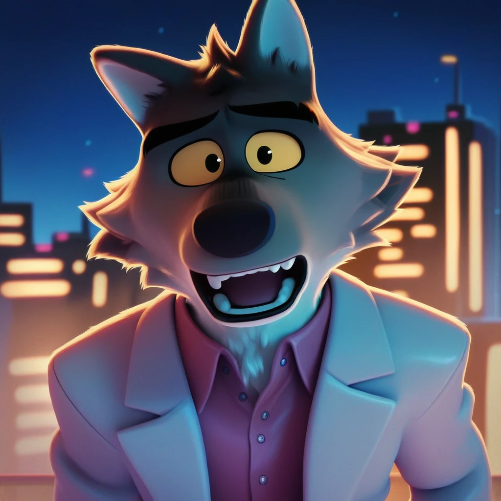 score_9, score_8_up, score_7_up, solo, mr wolf, bg, furry, dark, night, city, detailed background, looking at viewer, open mouth