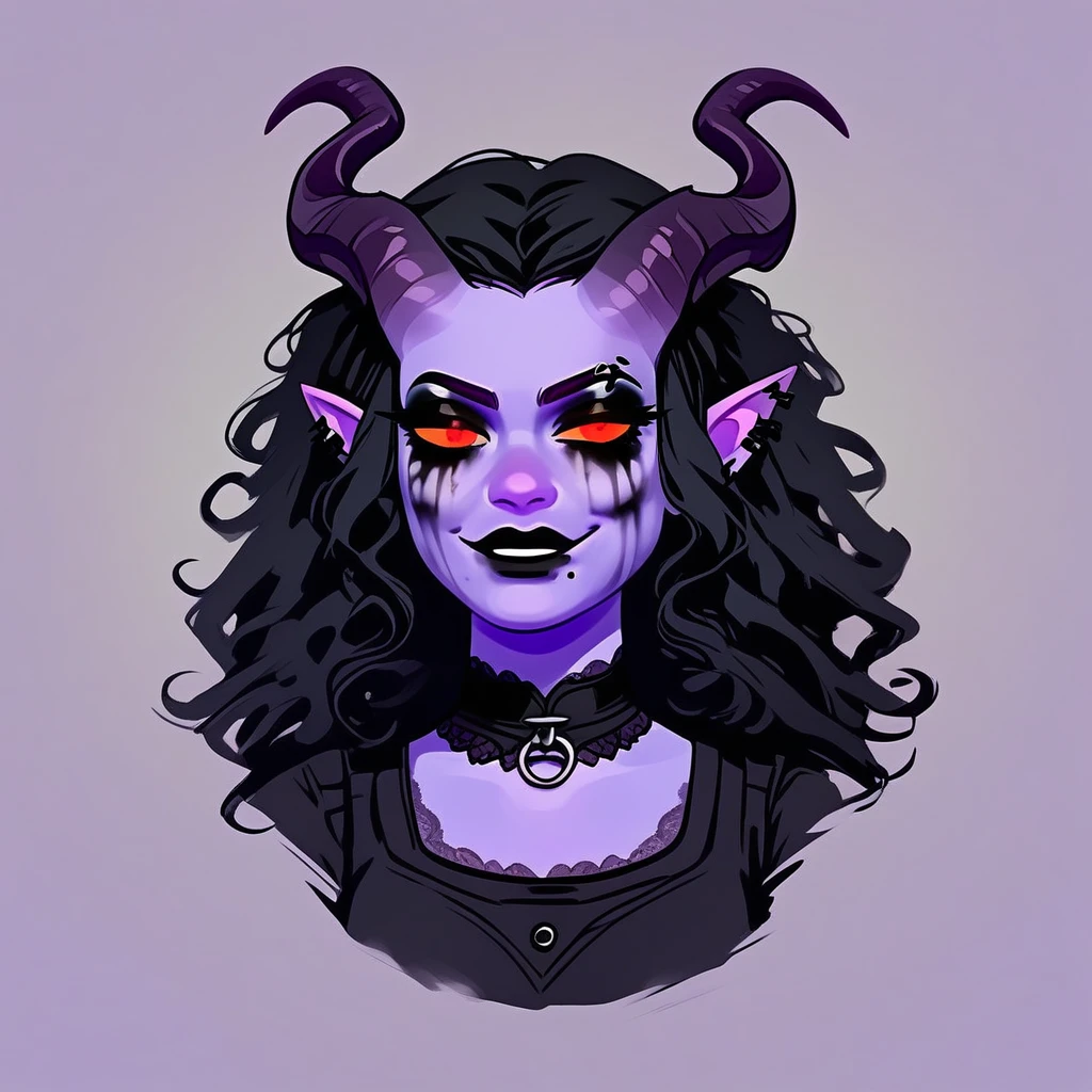 1 girl, 1 woman, tiefling, purple skin, horns, goth girl, gothic, goth makeup, runny makeup,