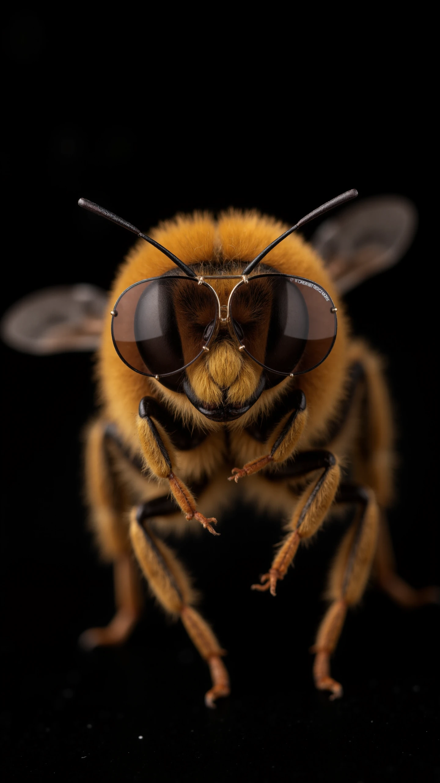 portrait Photo of a bee,close up, head, wearing a Carrera 5623 PD,sunglass,letter on the glass reads CARRERA, in a dark photostudio