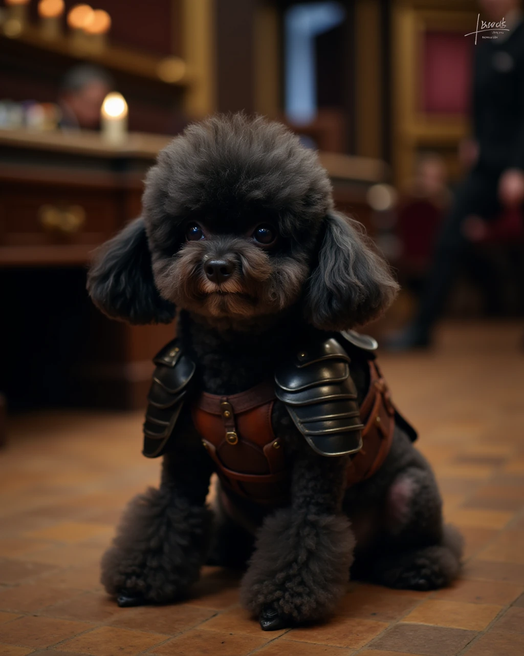 Dousa, a small black poodle, wearing Western-style plate armor, sitting on the floor of a gothic banquet hall.

