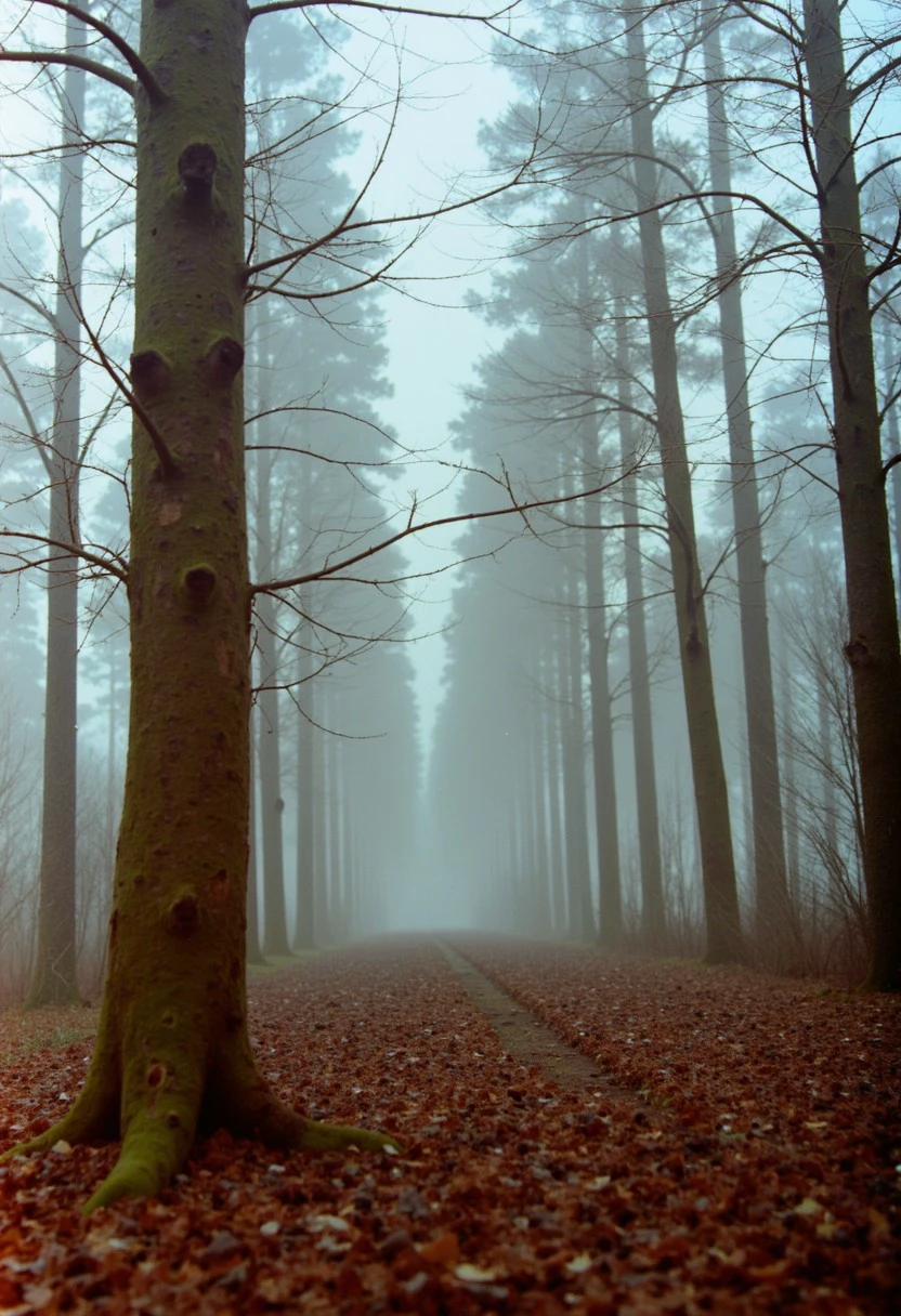 c41_hasselblad_portra400_FLUX, instagram photo a foggy forrest with big old trees somewhere in russia, film grain, soft shadows