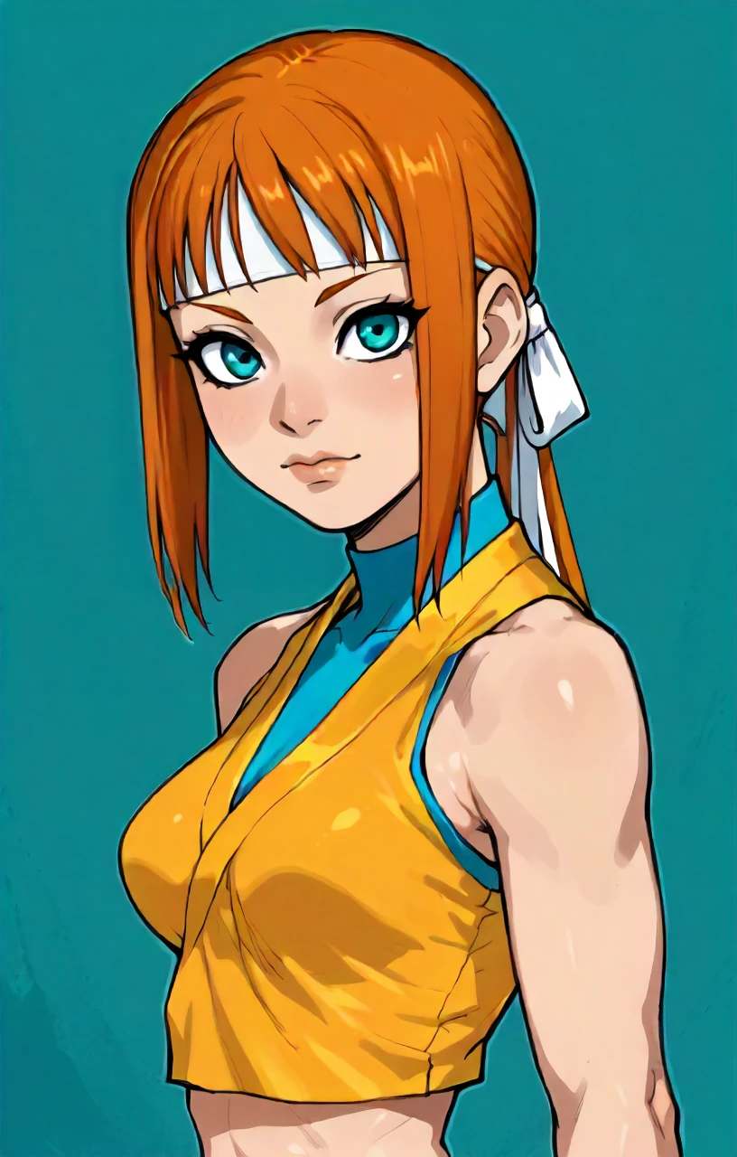 score_9, score_8_up, score_7_up, b3ng4l, soft colors,  (street fighter character, Sakura), character portrait, intense expression, avant garde, flat color background, (cyan and gold color theme:1.4)