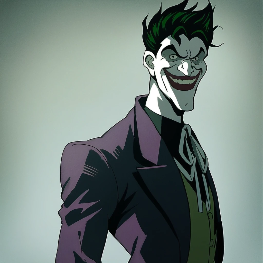 Joker, solo, 1boy, white skin, green hair, purple jacket, vest, white ribbon, smile, looking at you, wallpaper, score_9, score_8_up, score_7_up