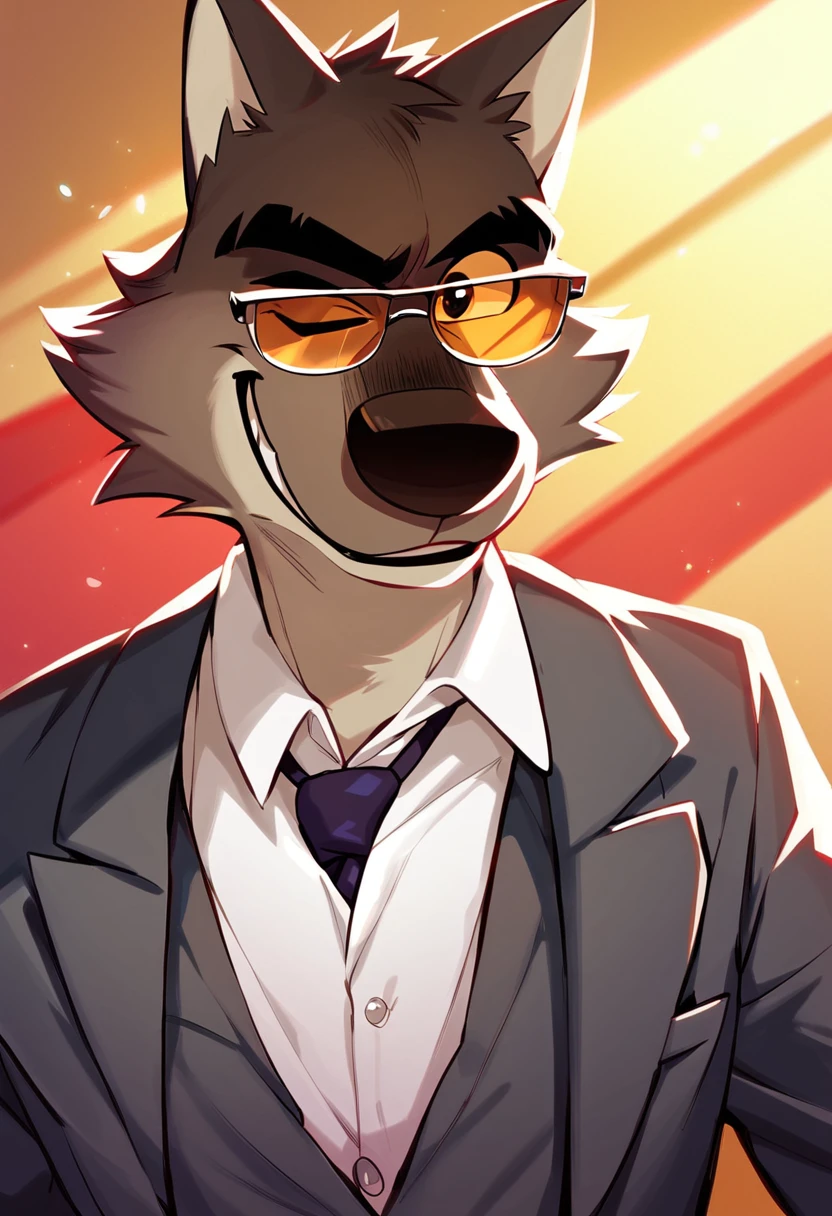 score_9, score_8_up, score_7_up, solo, mr wolf, bg, furry, suit, formal, necktie, upper body, shade glasses, wink, one eye closed, smile, closed mouth, detailed background, room, looking at viewer, <lora:Mr_Wolf:1>