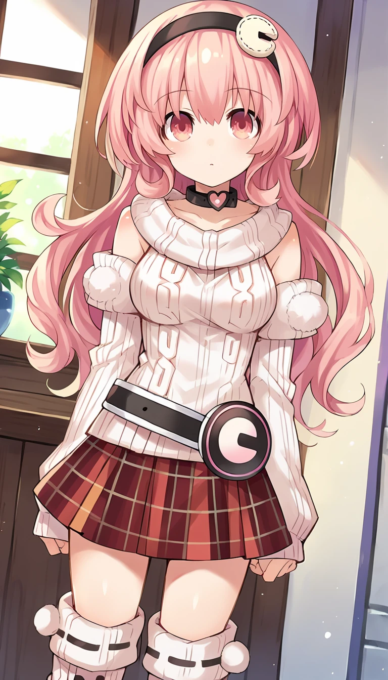 score_9, score_8_up, score_7_up, source_anime, 1girl, solo, pink hair, pink eyes, long hair, curly hair, bangs, hairband, heart choker, detached sleeves, bare shoulders, ribbed sweater, sleeves past wrists, plaid skirt, miniskirt, leg warmers, boots, belt, standing, looking at viewer, dutch angle, cowboy shot, indoors,  <lora:Compa_Neptunia_PonyXL:0.8>, Compa \(neptunia)\