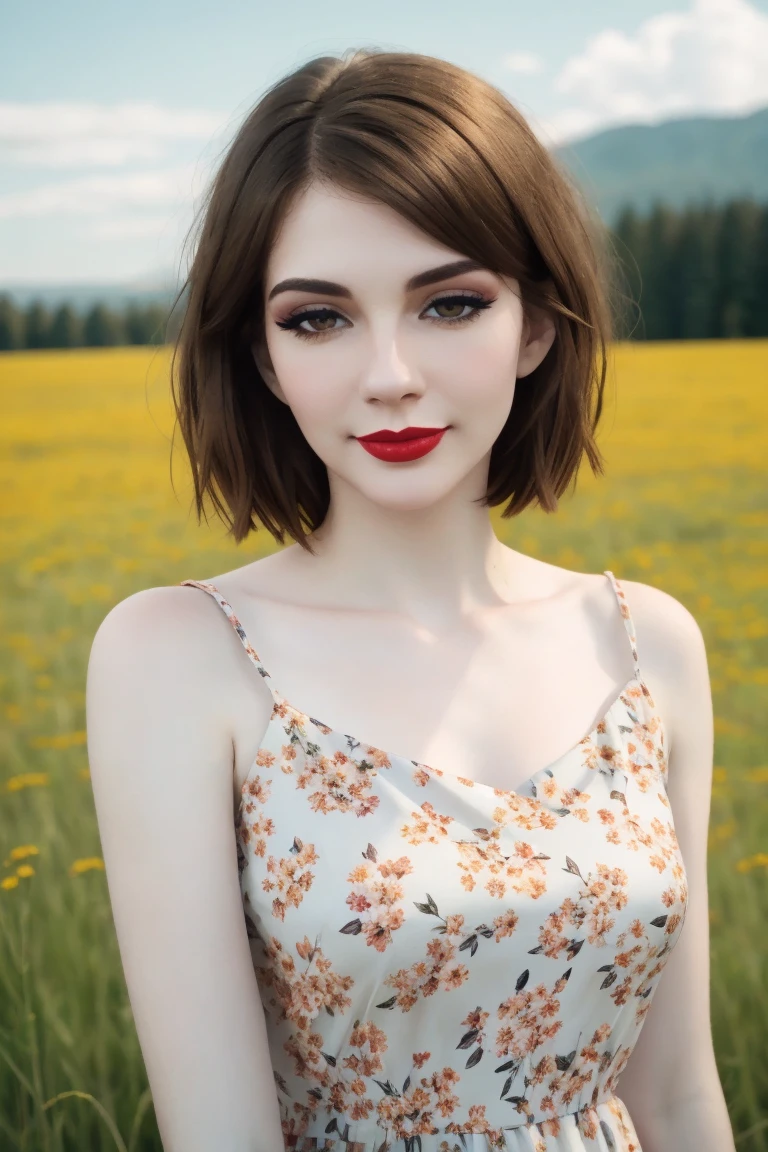 <lora:lioness-07:0.6>,, lioness, ((detailed eyes, detailed face):1.2), ((red lipstick, eye shadow, eyeliner, blush, pale skin)), ((fully clothed, modest)) ,photo of a woman, RAW, ((beautiful floral print sundress)),((short hair, pixie cut)), ((outdoors, gorgeous meadow, walking)), 8k uhd, dslr, soft lighting, high quality, film grain, Fujifilm XT3 sharp focus, f 5.6,slight smile