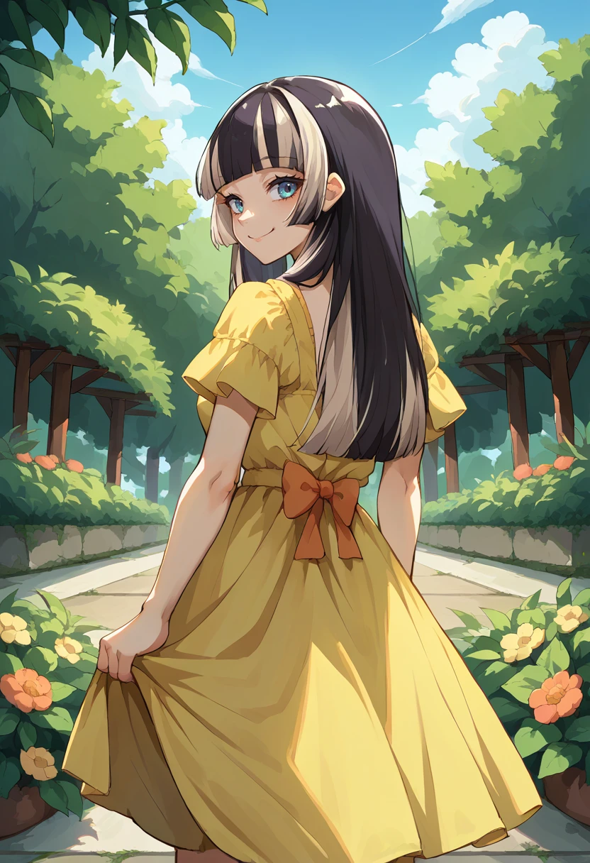 score_9, score_8_up, source_anime, 1girl, solo, JuufuuteiRaden, black hair, multicolored hair, long hair, hime cut, from behind, yellow sundress, garden, day, sunshine, smile, looking back, <lora:ChamJuufuuteiRadenPonyXL:1>