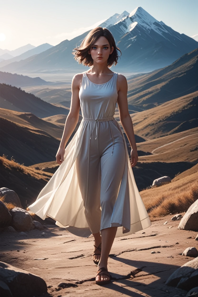 <lora:TEW2Juli:1.0>
TEW2Juli, 1girl, brown hair, blue eyes, looking at viewer, dramatic, solo, full body, mountain peak, wind blowing, dramatic lighting, rugged landscape, heroic pose, adventure, score_9, score_8_up, score_7_up, score_6_up