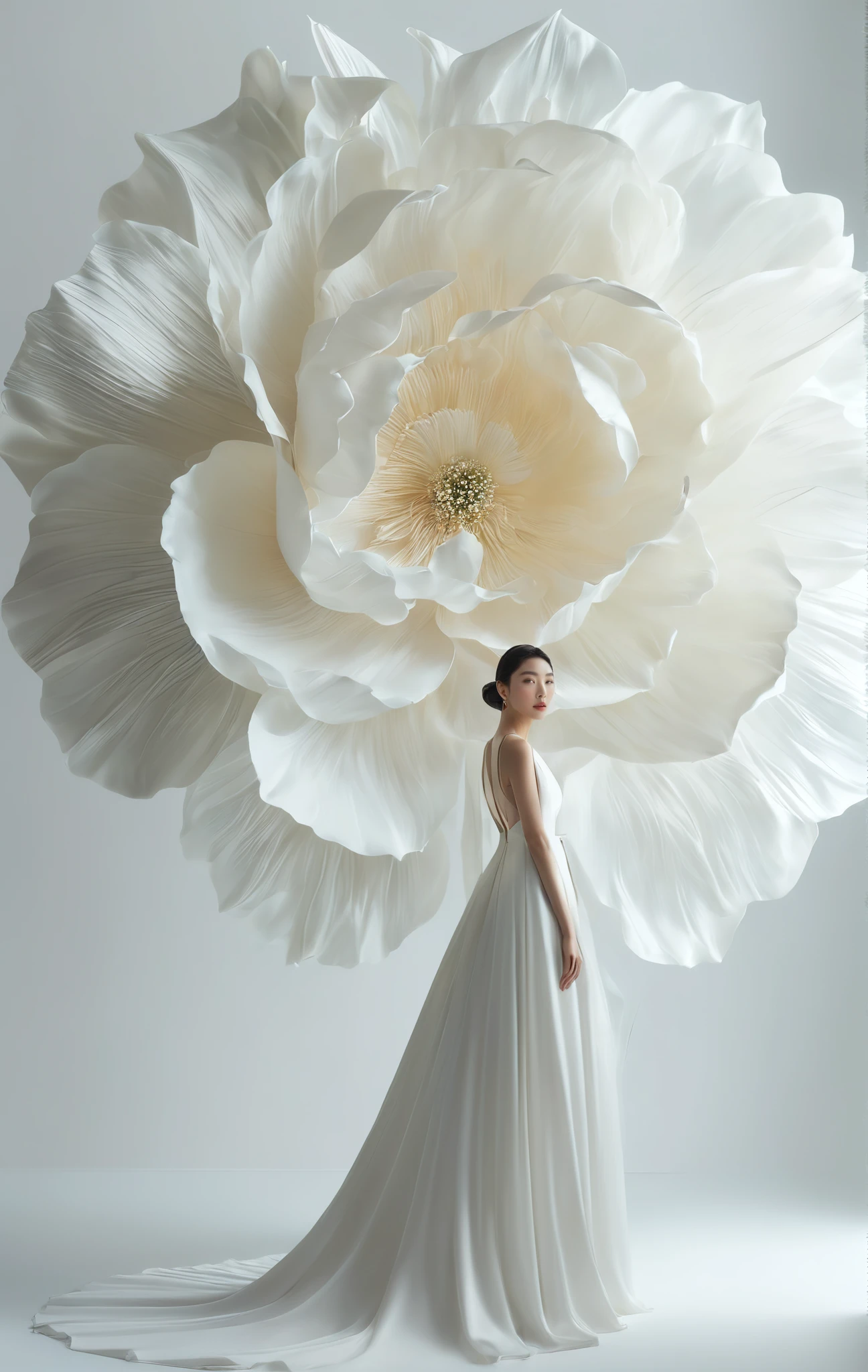 1 gril,Imagine a vertical full-body portrait against a pure white background,capturing a beautiful gril n facing directly towards the camera,centered in the composition. She is in a simple yet stunning white evening gown that embodies serene elegance and refined grace. Behind her,centered as well,a single large white flower looms,symbolizing purity and natural beauty. The size of the flower makes it a significant feature in the composition,enveloping the woman in its grace while she stands in full view. Her gaze is direct and captivating,inviting intrigue and admiration. The contrast between her serene elegance and the flower's imposing presence creates a dynamic yet harmonious interaction. This scene,captured in a vertical format,emphasizes the beauty of nature's simplicity alongside human grace,showcasing the woman and the giant flower in a striking visual narrative that blends simplicity with sophistication.,<lora:aki:0.7>,, best quality, masterpiece, ultra high res, (photorealistic:1.4), RAW photo,a woman in a futuristic suit with a sci - fi fi fi fi fi fi fi fi fi fi fi fi fi fi fi fi fi fi fi fi fi fi fi fi fi fi fi fi fi fi fi fi fi fi, Feng Zhu, cgstudio, cyberpunk art, retrofuturism