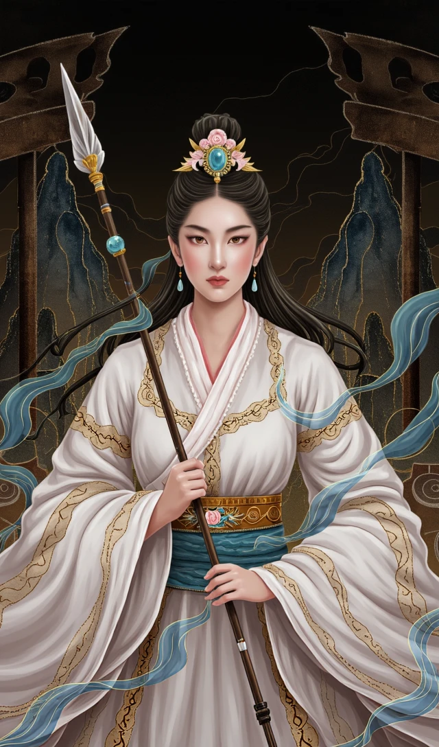 (murals art, dunhuang murals, dunhuang_murals_style, masterpiece, top quality, official art, best quality, beautiful and aesthetic, movie grade color grading, Epic, 24bit colors:1.2), 
black background, dark photo, silhouette, fading backlit background, amazing depth, intricately detailed, bokeh, perfect balanced, deep fine borders, artistic photorealism, smooth,

scenery, architecture, east asian architecture,  

(1girl/female immortal, jewelry, earrings, red lips, long sleeves, hair bun, shawl, ribbon, Phoenix Crown, Biyao, Jade Ornaments, Floral Ornaments, armor, Hair Pin, Hair Comb, Golden Forehead Ornament, Beaded Strands, feathers clothes, cleavage, huge chest), 
(holding spear), 
(wearing fanfu/The fabric of the clothes appears to be a mixture of silk and slightly rougher materials, giving it a luxurious yet rugged texture﻿)
﻿fog, clouds, mountain, floating in mid air, floating in sky, statdust, 