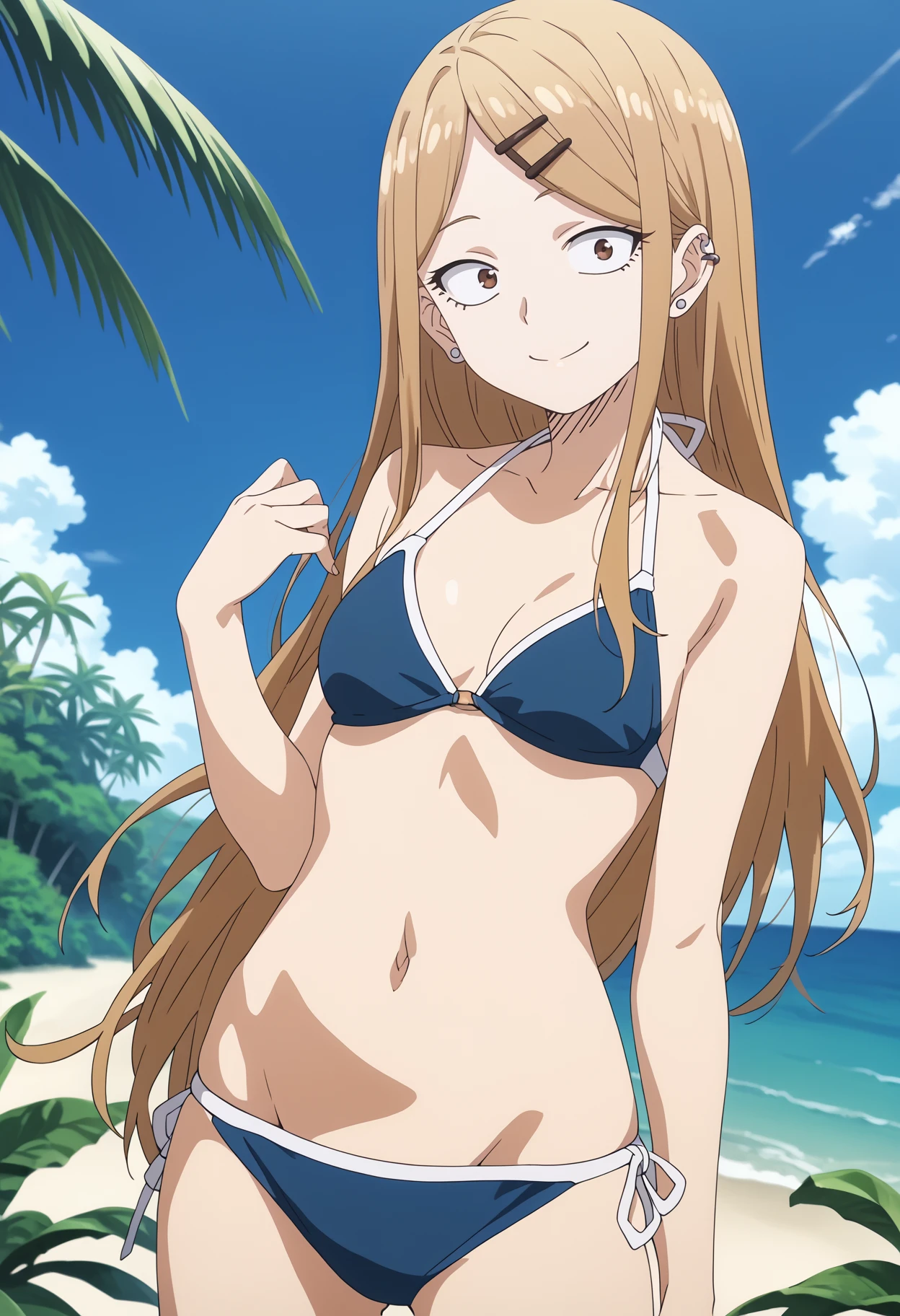 score_9, score_8_up, score_7_up, anime screencap BREAK,
1girl, sayaendo, brown eyes, blonde hair, long hair, hairclip, ear piercing, sanpaku,
bikini, smile, solo, looking at viewer, sea, standing, blue sky, tropical island background <lora:SayaEndoXL:1>