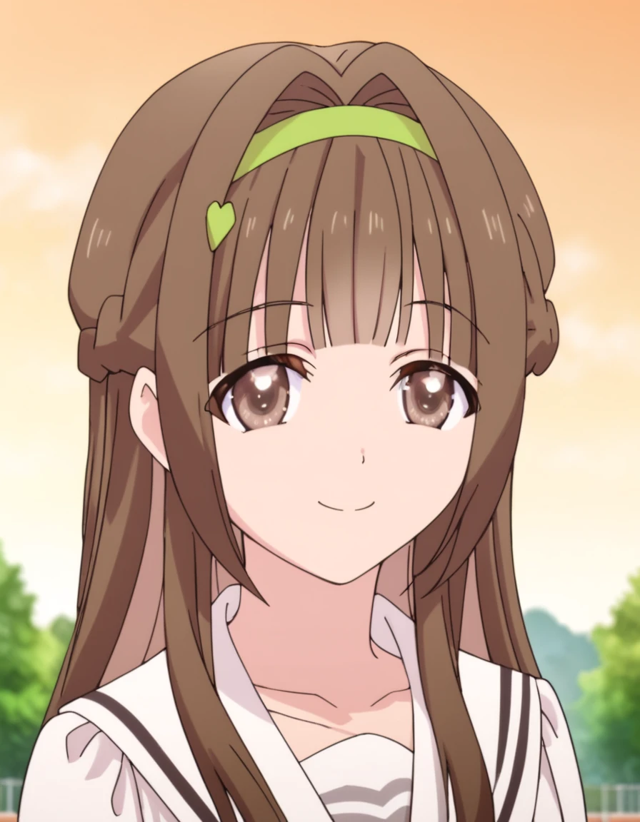 <lora:ExplorationHero:1>, soft smile, portrait,  Haruka, long hair, brown hair, brown eyes, school uniform, braid, hairband,