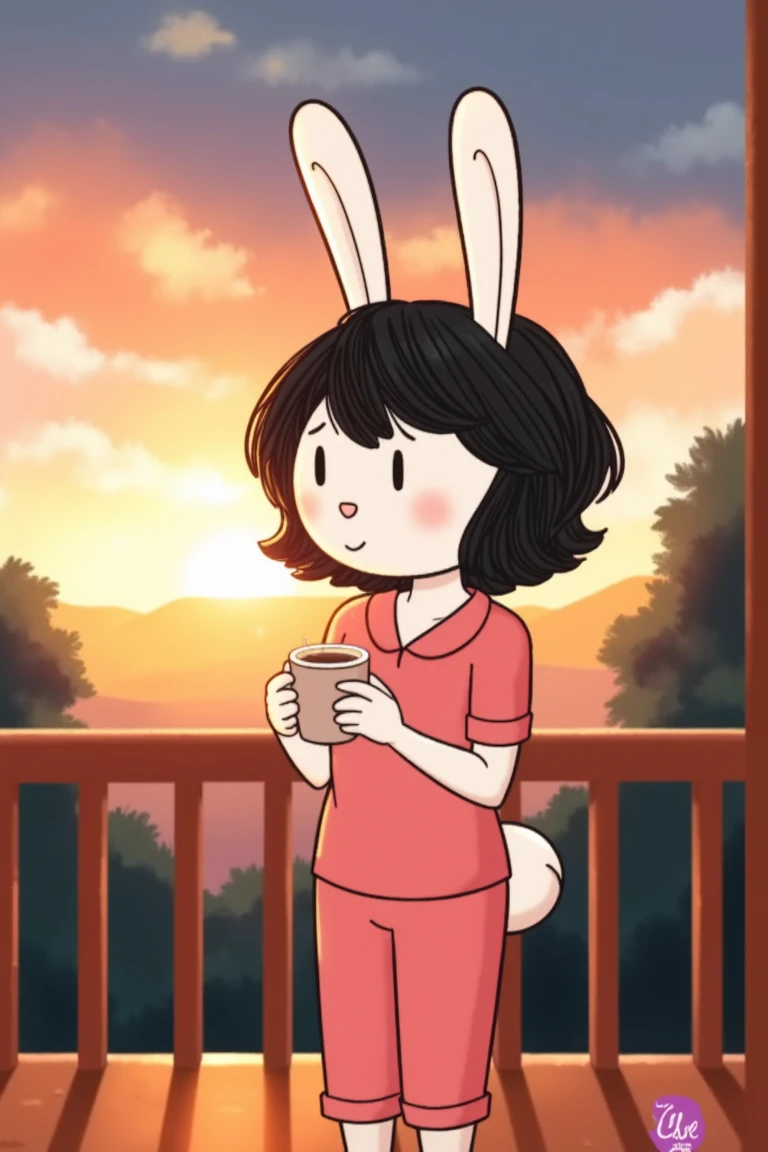 a cartoon rabbit woman with black hair, white skin, wearing pajamas, standing on a balcony with wooden railings, holding a cup of coffee, tired eyes, sunrise, clouds, peaceful smile