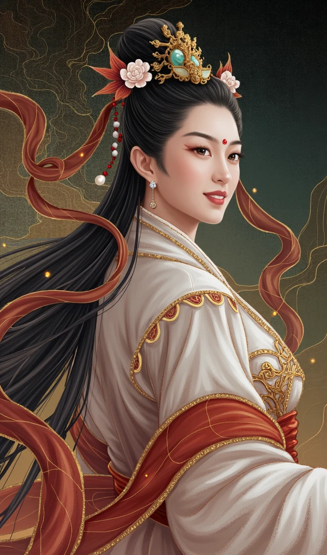 (murals art, dunhuang murals, dunhuang_murals_style, masterpiece, top quality, official art, best quality, beautiful and aesthetic, movie grade color grading, Epic, 24bit colors:1.2), 
black background, dark photo, silhouette, fading backlit background, amazing depth, intricately detailed, bokeh, perfect balanced, deep fine borders, artistic photorealism, smooth,

(1girl/female immortal, jewelry, earrings, red lips, long sleeves, hair bun, shawl, ribbon, Phoenix Crown, Biyao, Jade Ornaments, Floral Ornaments, armor, Hair Pin, Hair Comb, Golden Forehead Ornament, Beaded Strands, feathers clothes, cleavage, huge chest), 
(from behind, looking back, smilling), 
(wearing fanfu/The fabric of the clothes appears to be a mixture of silk and slightly rougher materials, giving it a luxurious yet rugged texture﻿)
﻿fog, clouds, mountain, chinese architecture as the background, 