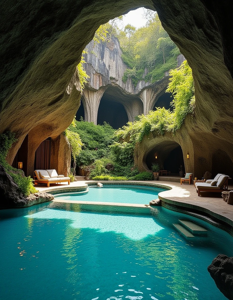 A breathtaking photo of a luxurious bedroom located deep within an underground cave. The interior is adorned with lush greenery and a large pool filled with sparkling water that reflects the surrounding rock formations. This mesmerizing scene is captured on a stunning 35mm film photograph taken by a professional photographer using their Fujifilm XT-4 camera, producing highly detailed images of this breathtaking environment. <lora:rMada - Enhance - beta2:0.7>,