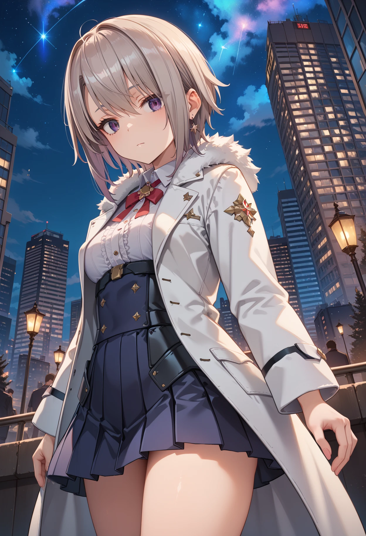 (score_9,score_8_up,score_7_up,source_anime,(masterpiece:1.2),best quality,very aesthetic,public indecency,absurdres),masterpiece,best quality,very aesthetic,absurdres,rim light,metallic luster,intricate details,1girl,
<lora:mira_p_v1.1:1>,mira,short hair,purple eyes,fur-trimmed_coat,fur_coat,collared_shirt,pleated_skirt,<lora:Fixhands_anime_bdsqlsz_V1:1>,
light_blush,starry_sky,cinematic_angle,city,Skyscraper,in winter,posing,expressionless,, masterpiece,best quality, very aesthetic, absurdres, ultra detailed, high resolution, 4k, extremely detailed CG,