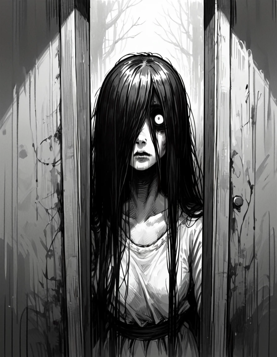 score_9, score_8_up, score_7_up, <lora:Messy Sketch Style:1>,yamamura sadako, standing in doorway, (white empty eyes), looking at viewer, creepy, hair over one eye, monochrome,
