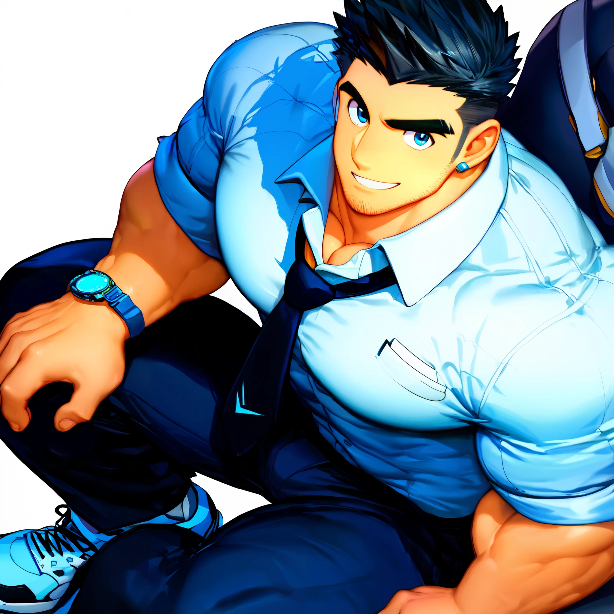 solo, looking at viewer, smile, short hair, shirt, black hair, 1boy, white background, holding, sitting, white shirt, male focus, necktie, shoes, collared shirt, pants, muscular, facial hair, animal, black pants, thick eyebrows, pectorals, muscular male, spiked hair, sneakers, bara, sleeves rolled up, large pectorals, watch, rabbit, sideburns, mature male, multicolored eyes, stubble, wristwatch, eyewear removed, salaryman, between pectorals

Uleezo Artstyle,
Best Quality, High Quality, Best Quality, Best Quality Face, pupils, anime face, human, High Quality V2, zPDXL2, xxxrating, perfecteyes, anatomy, ultra-detailed light, vibrant colors, (masterpiece), bara, normal skin color, Expressiveh,
score_9, score_8_up, score_7_up, score_6_up, score_5_up, score_4_up, 