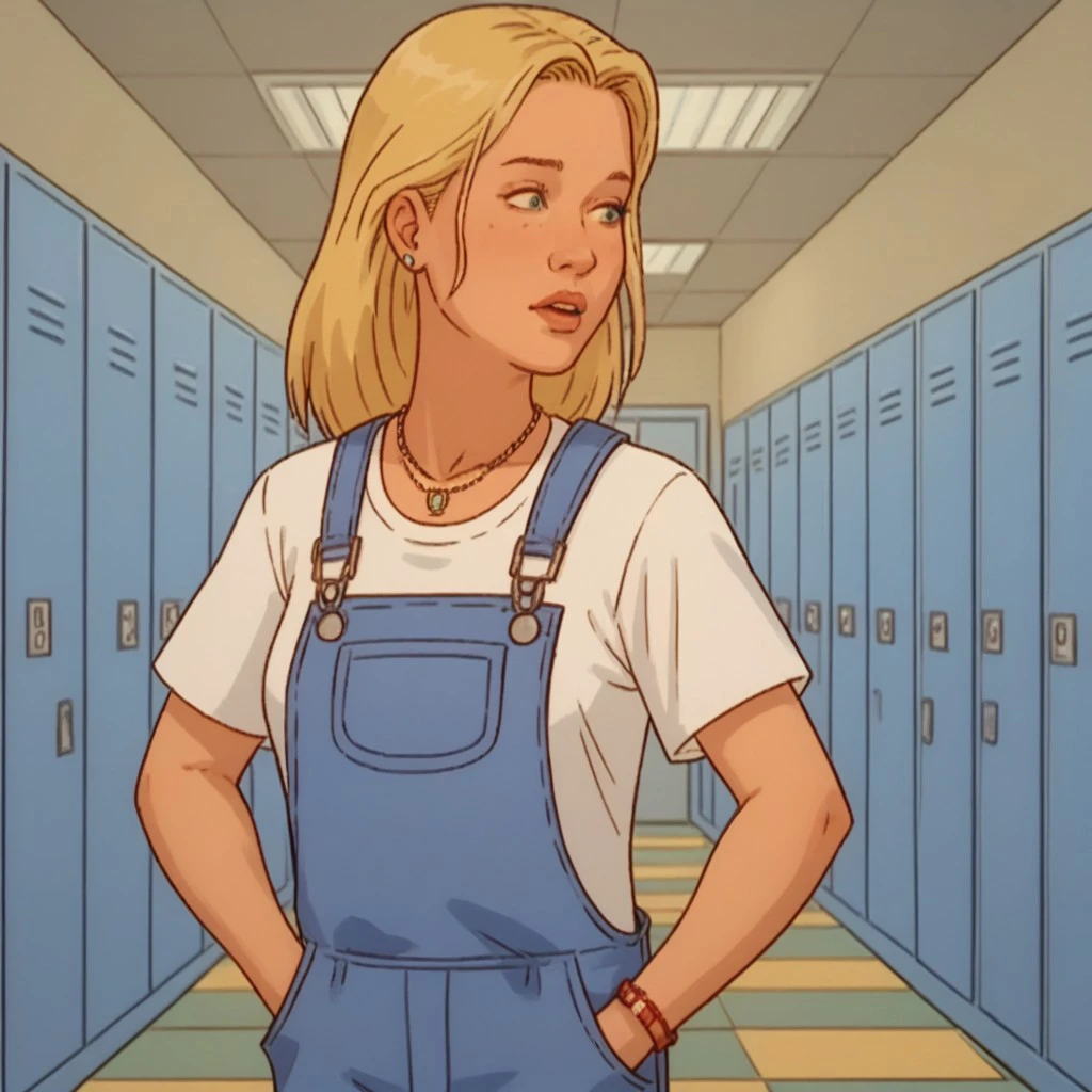 score_8, score_9, break, marie_koth, 1girl, blonde hair, necklace, white shirt, overalls, hands in pockets, hallway, lockers