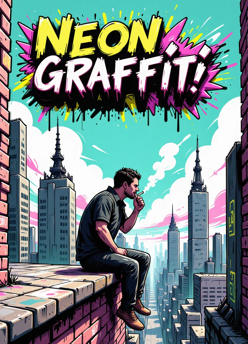 neongraf_style, a title that reads "NEON GRAFFITI" in the center, a man sitting on the edge of a high-rise building looking down, smoking a cigarette with smoke coming out, small amount of yellow