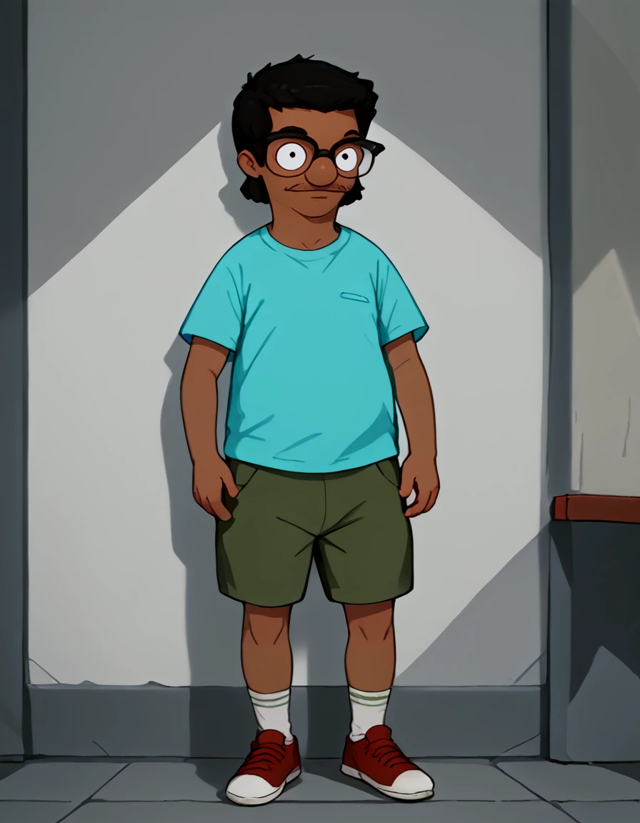 <lora:Future_Darryl:1> 1boy, dark-skinned male, black hair, glasses, browline glasses, facial hair, mustache, teal shirt, green shorts, socks, red sneakers,, source_cartoon, score_9, score_8_up, score_7_up,