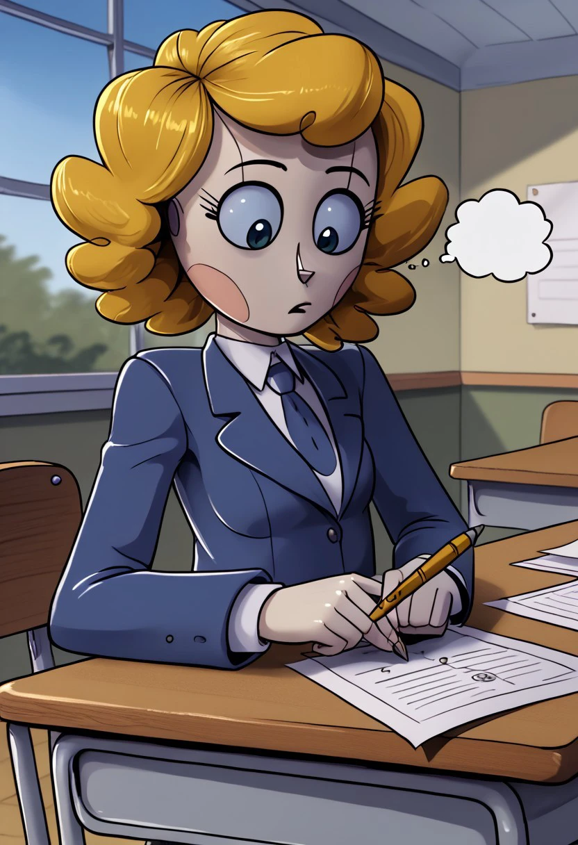 Amy, Blonde Hair, Curly Hair, white skin, android, schoolgirl outfit, sitting at desk, school desk, classroom, holding pen, thinking, looking down, looking at desk, paper, detailed, masterpiece