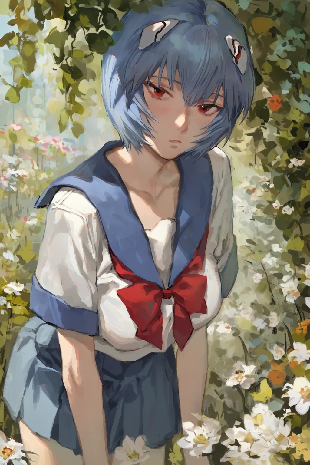 score_9, score_8_up, score_7_up, rating_explicit, rating_questionable, neon genesis evangelion, ayanami rei, blue hair, collarbone, red eyes, ribbon, school uniform, serafuku, short hair, solo, solo focus, cowboy shot, high contrast, , Bending down to touch a plant or flower, showing care and connection with nature., <lora:2024-08-23_12-07-33-save-7474-25-24:1>