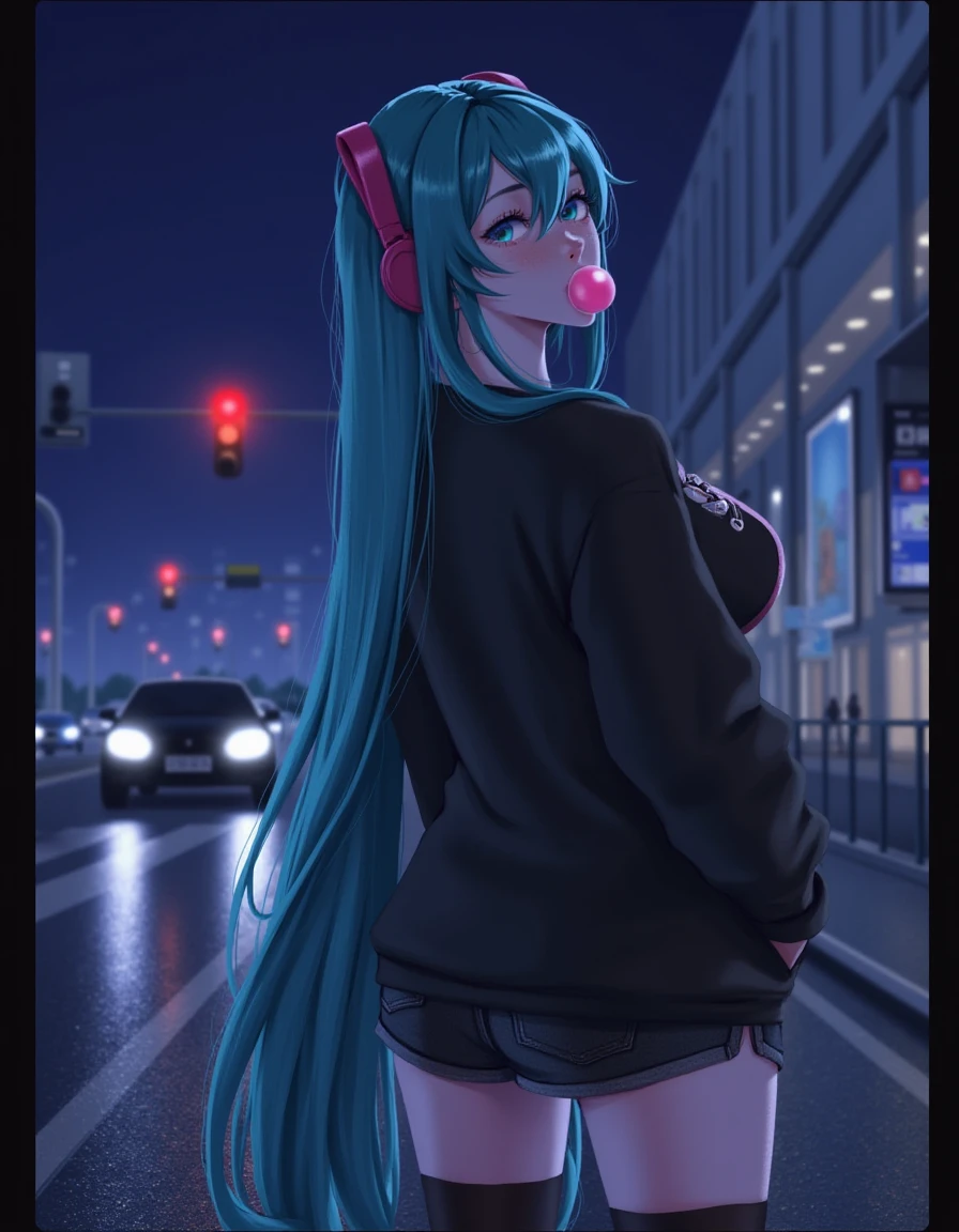 <lora:v12_PaulinaKlime_r16_000003250:1> art by PaulinaKlime, View from the side. A girl named Hatsune Miku with very long aqua hair and aqua eyes is standing on a wet city street at night. She is wearing a black sweatshirt with black short denim shorts and black thigh-high stockings. The girl has large breasts and she is looking to the side at the viewer with her mouth slightly open and one hand in her pocket. Miku has pink earmuffs in her ears and black sneakers on her feet. She is chewing a pink bubblegum. The girl's hair covers half of her face. In the background there is a night city street with a red traffic light and buildings with glowing windows.âââ