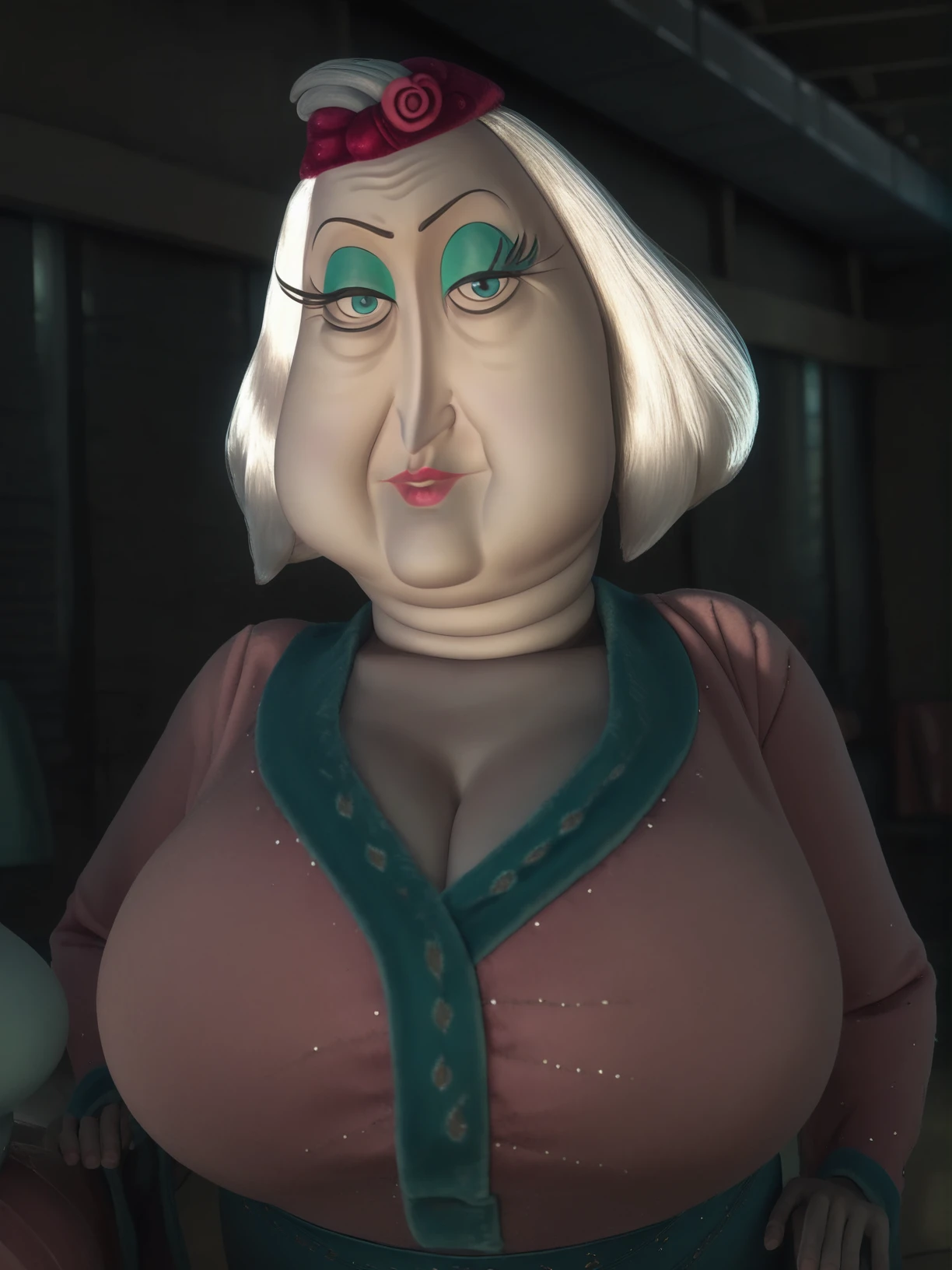 <lora:Miriam_Forcible-Coraline:1>,miri,old woman,1girl,makeup,white hair,breasts,shirt,upper body,looking at viewer,indoors,