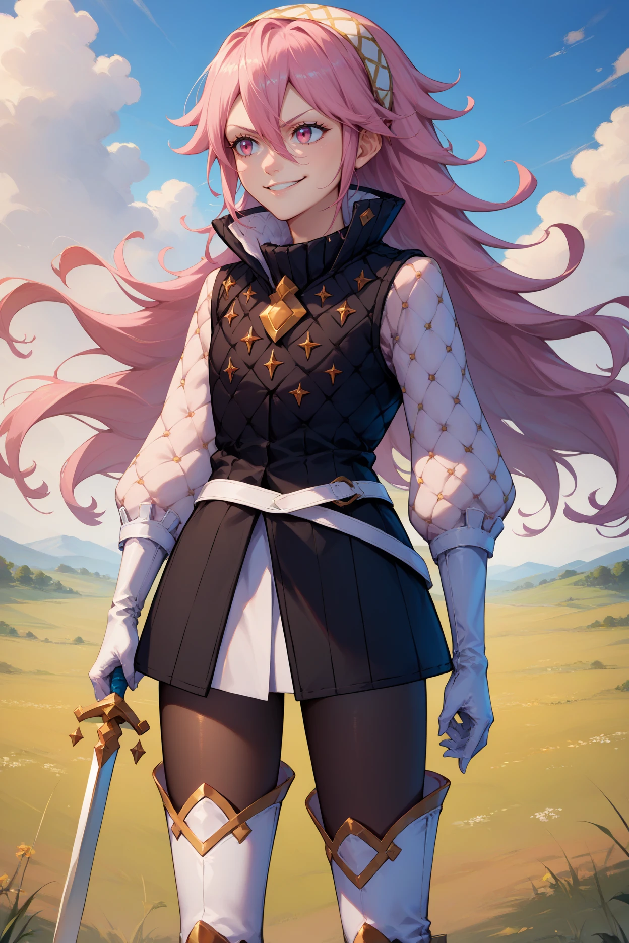 score_9, score_8_up, score_7_up, score_6_up, source_anime, 1girl, solo, <lora:fesoleil-pdxl-nvwls-v1-000005:1> feSlil, pink hair, long hair, hair between eyes, pink eyes, hairband, black vest, white sleeves, long sleeves, white belt, white skirt, short skirt, black pantyhose, white gloves, thigh boots, holding sword, field, blue sky, clouds, smirk, white boots